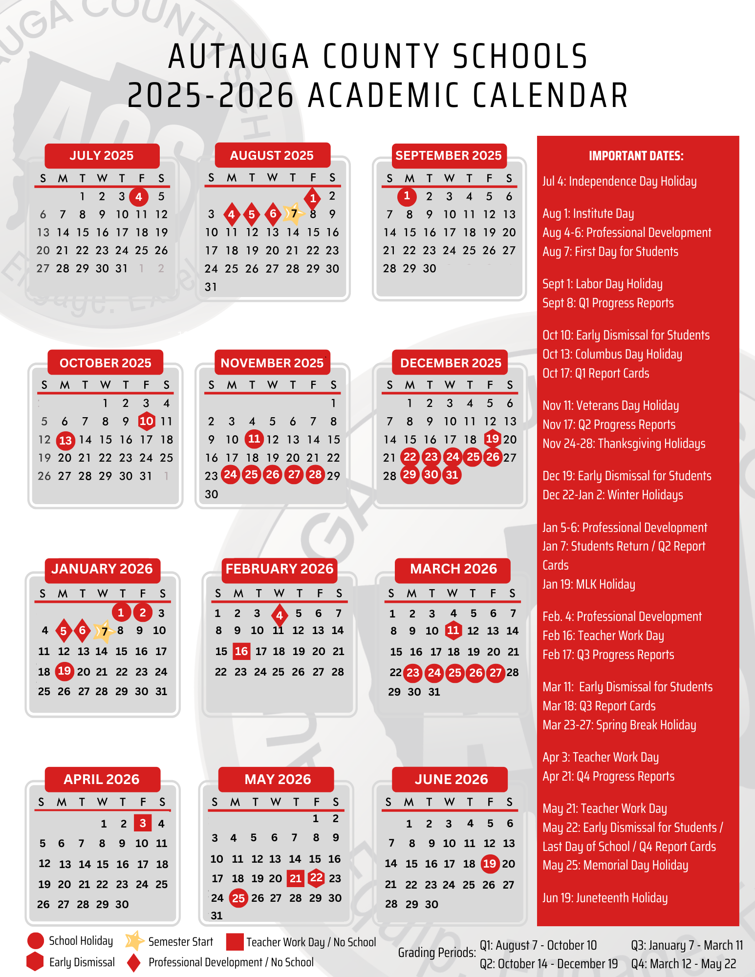 School Calendar Autauga County Schools