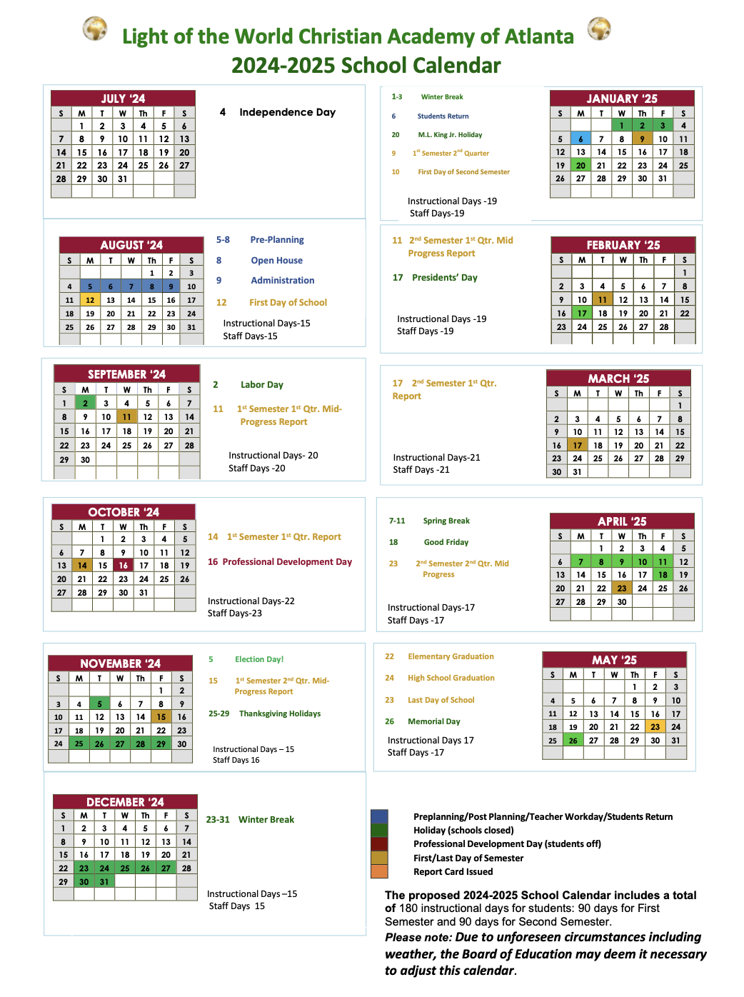 Augusta Christian School Calendar 2023-2025