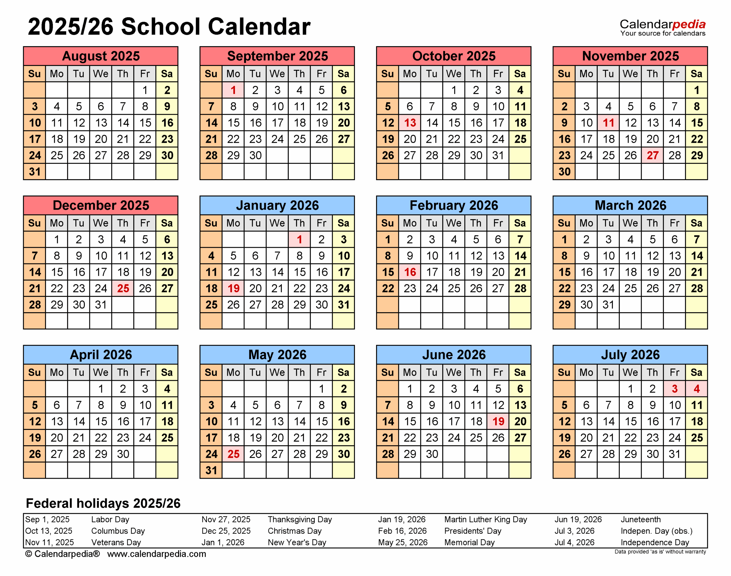 School Calendars 2025 2026 Free Printable PDF Templates School Calendars 2025 2026 Free Printable PDF Templates