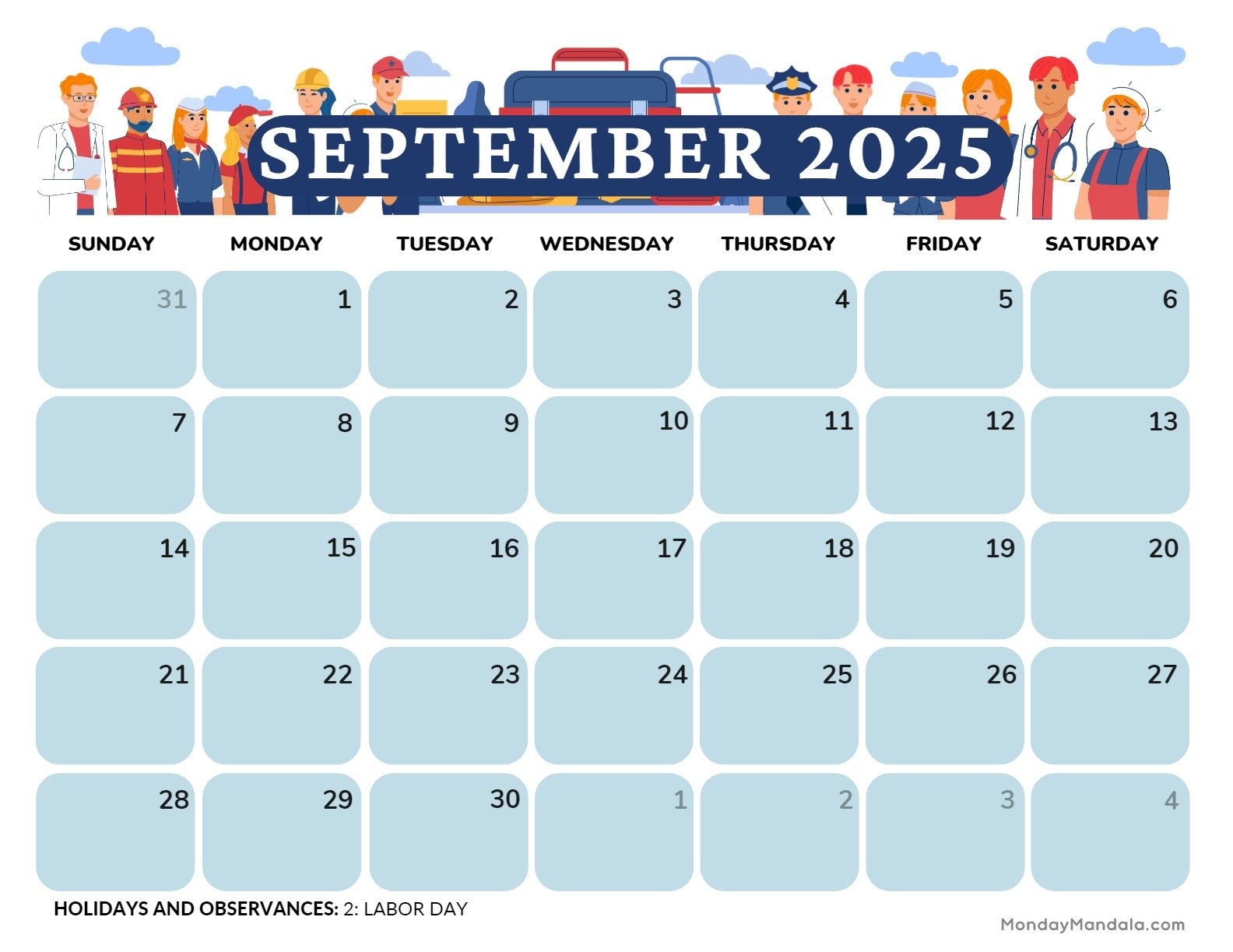 September Labor Day 2025 Calendar