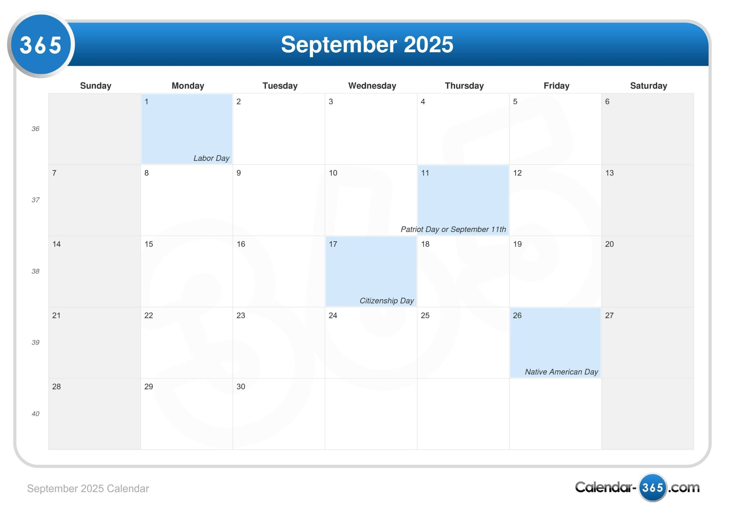 September Labor Day 2025 Calendar