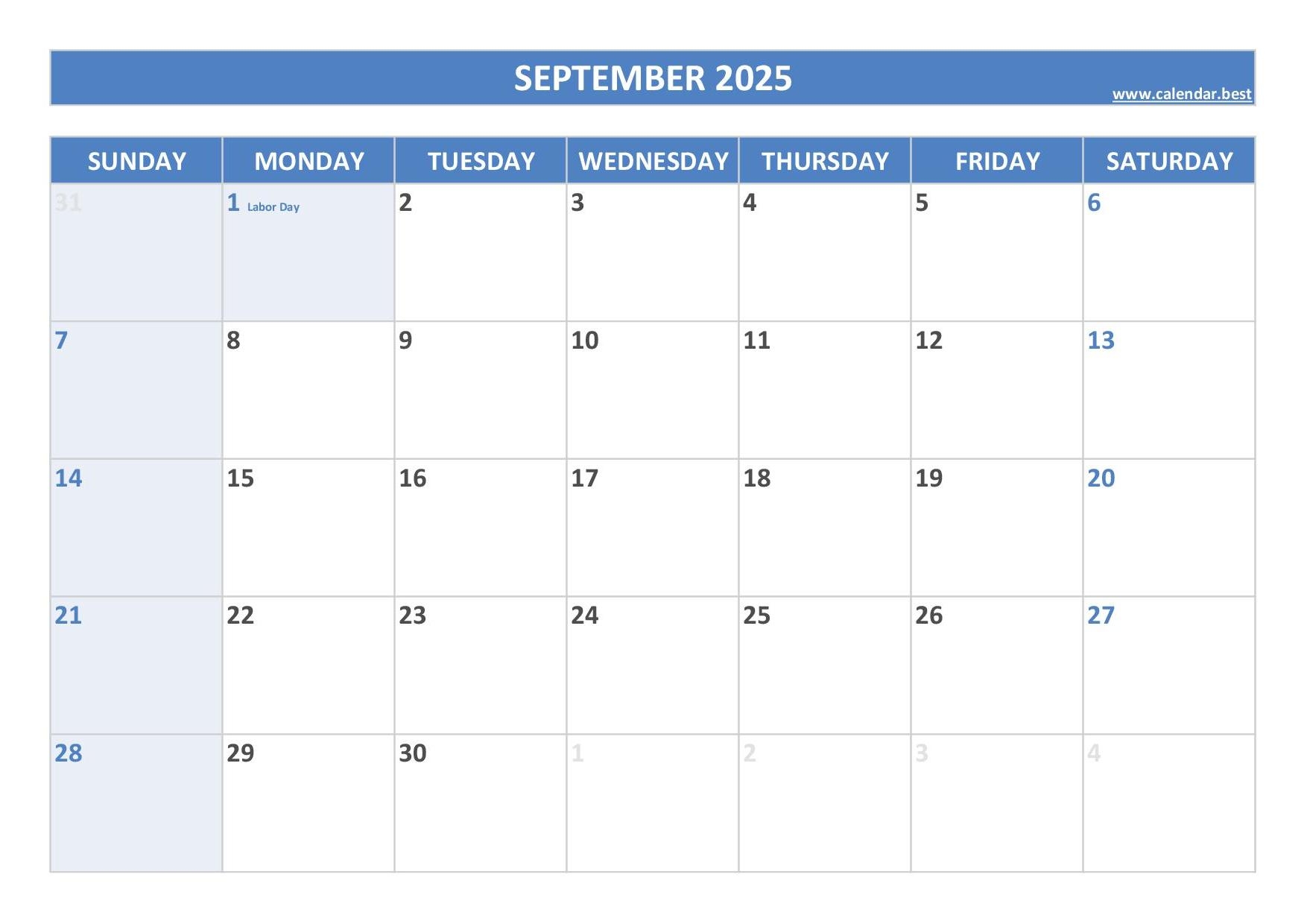 Month September 2025 Calendar