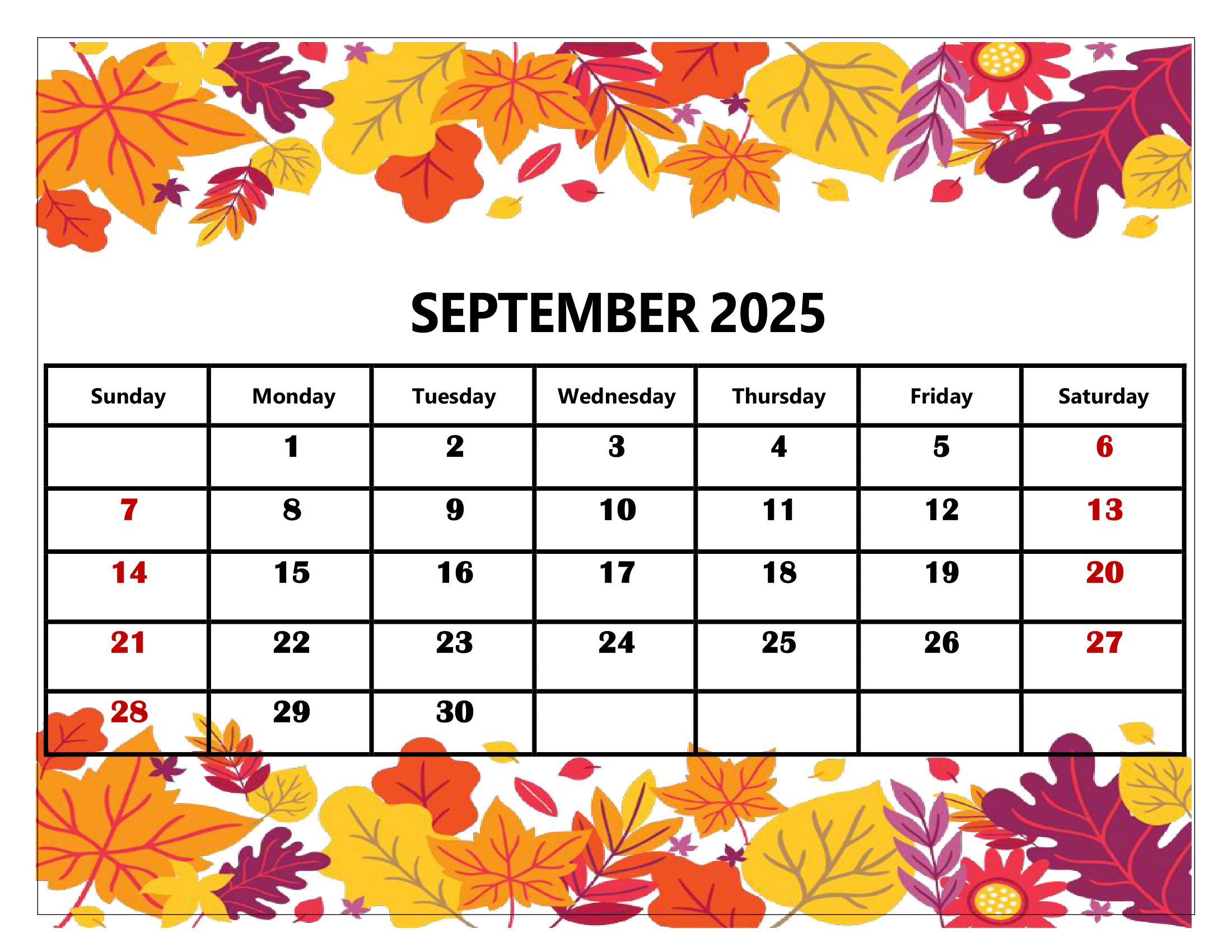 September Month Calendar 2025 With Holidays