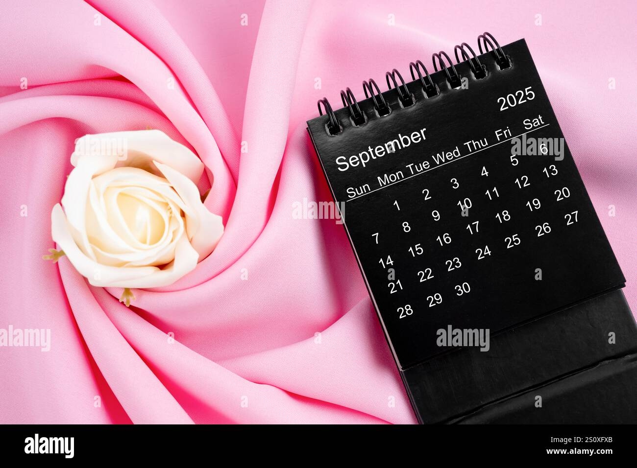 September 2025 Desk Calendar Black Color And Rose On Pink Textile Background Stock Photo Alamy