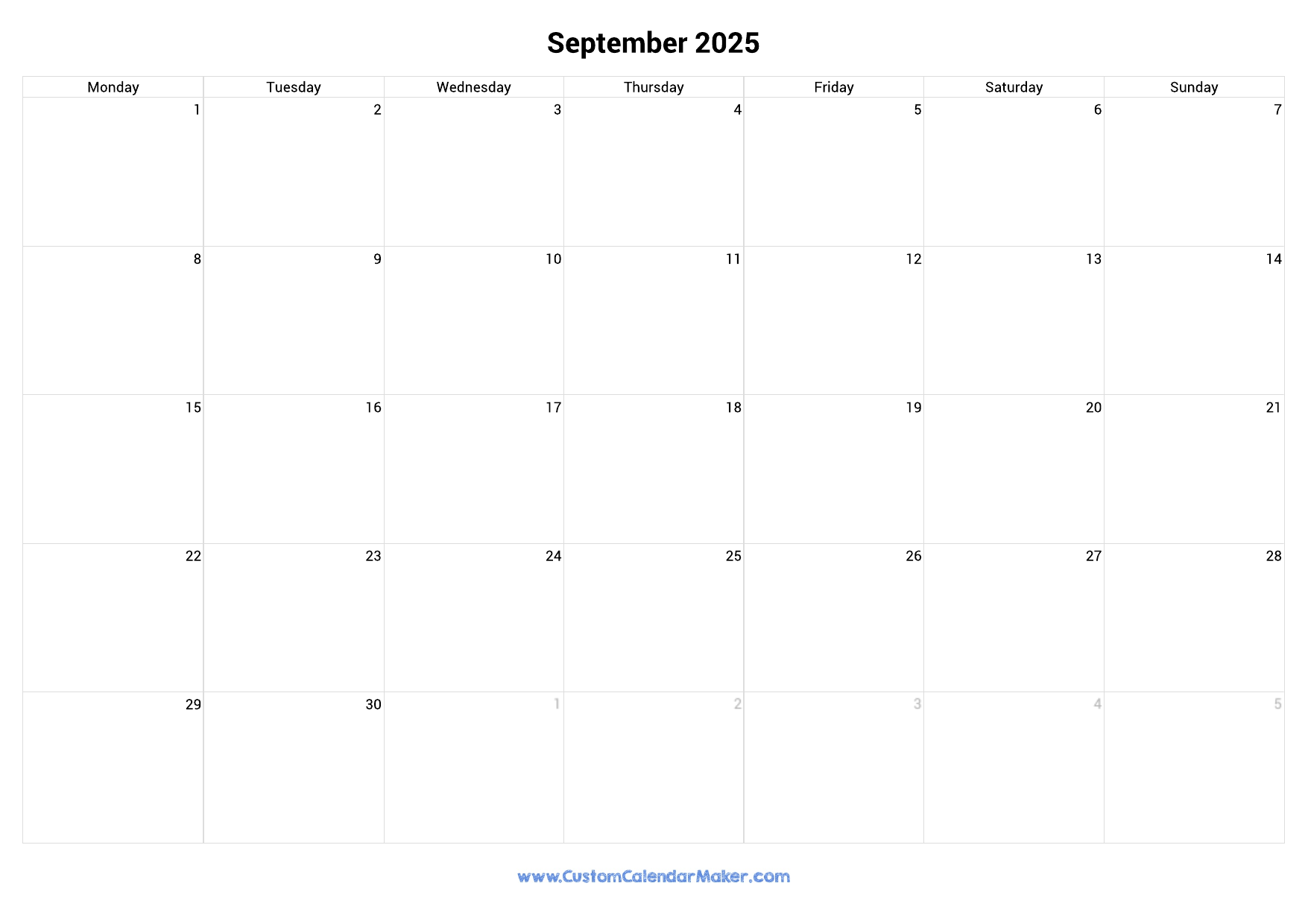 September 2025 Monday Start Calendar Monday To Sunday Custom Calendar Maker