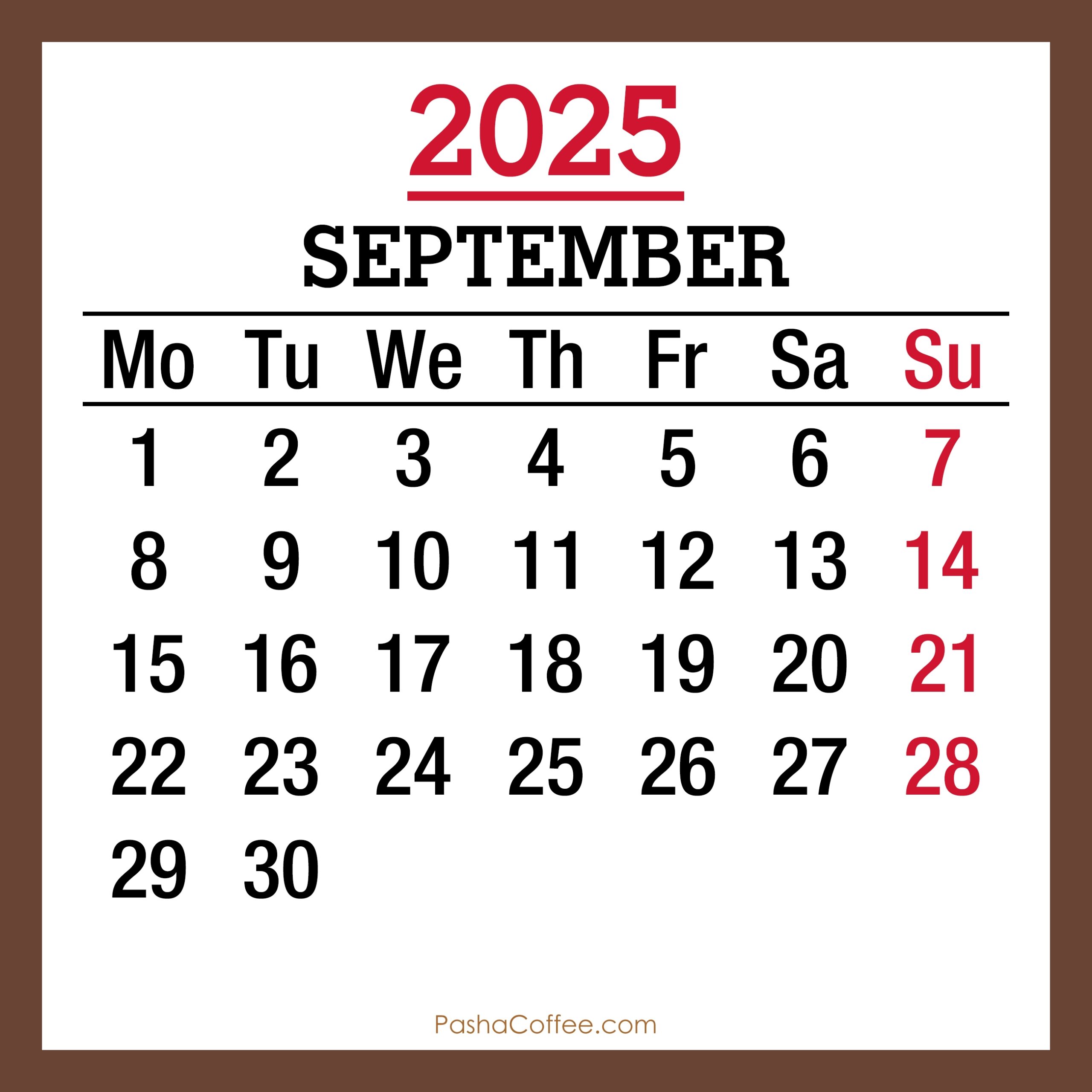 September 2025 Monthly Calendar Printable Free Brown Monday 