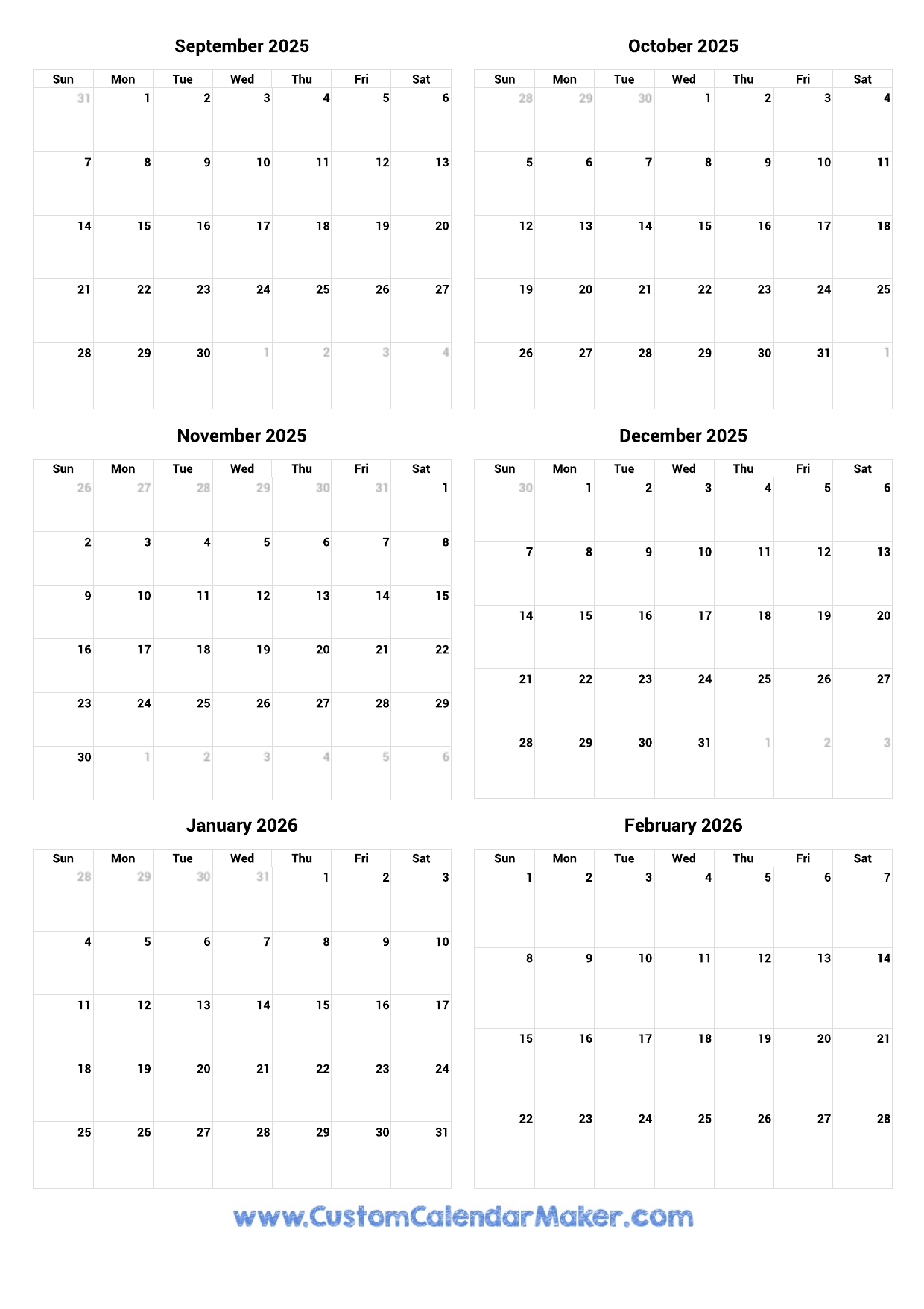 September 2025 To February 2026 Printable Calendar Custom Calendar Maker September 2025 To February 2026 Printable Calendar Custom Calendar Maker