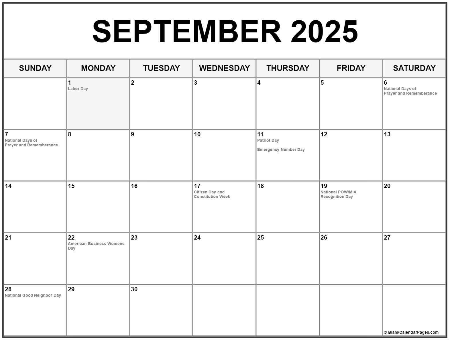 September 2025 With Holidays Calendar September 2025 With Holidays Calendar