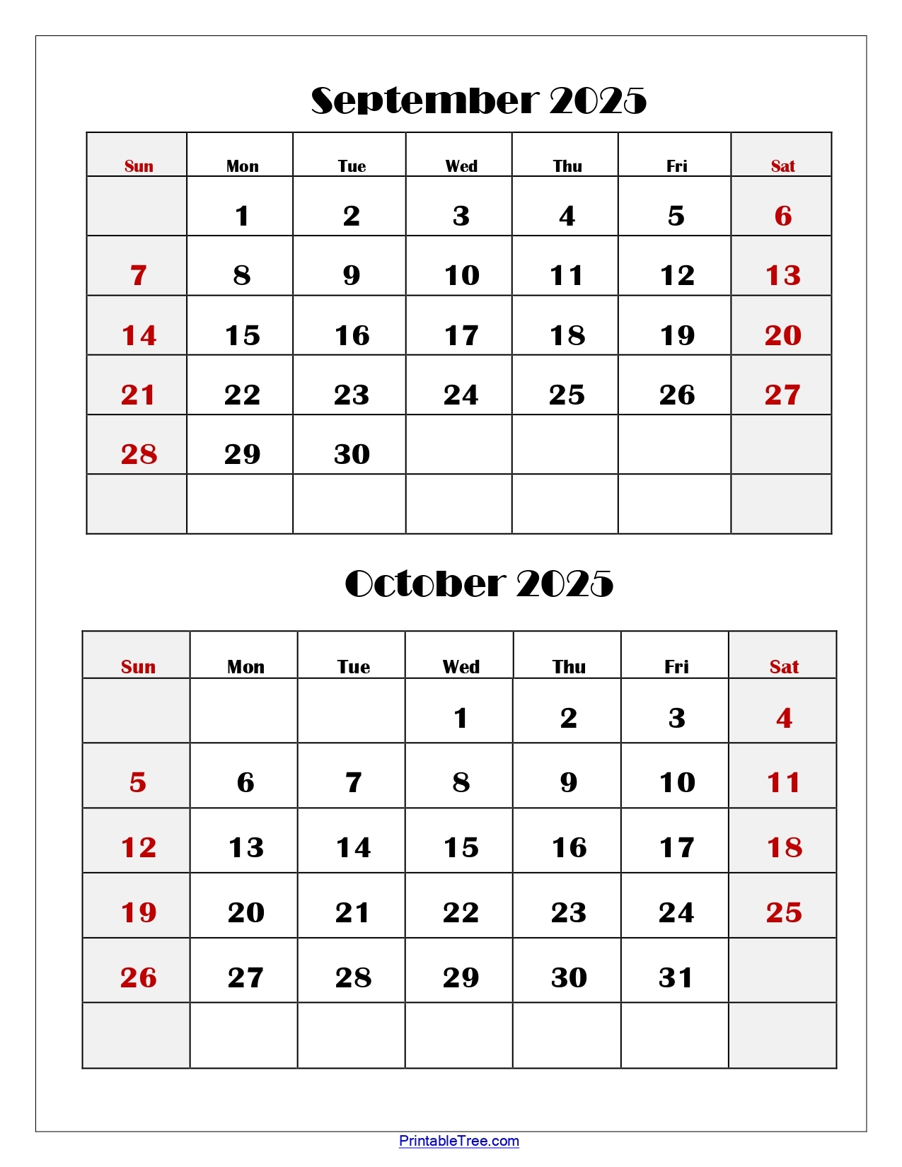 October 2025 – September 2026 Calendar