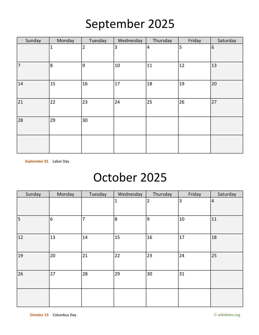 September And October 2025 Calendar Excel