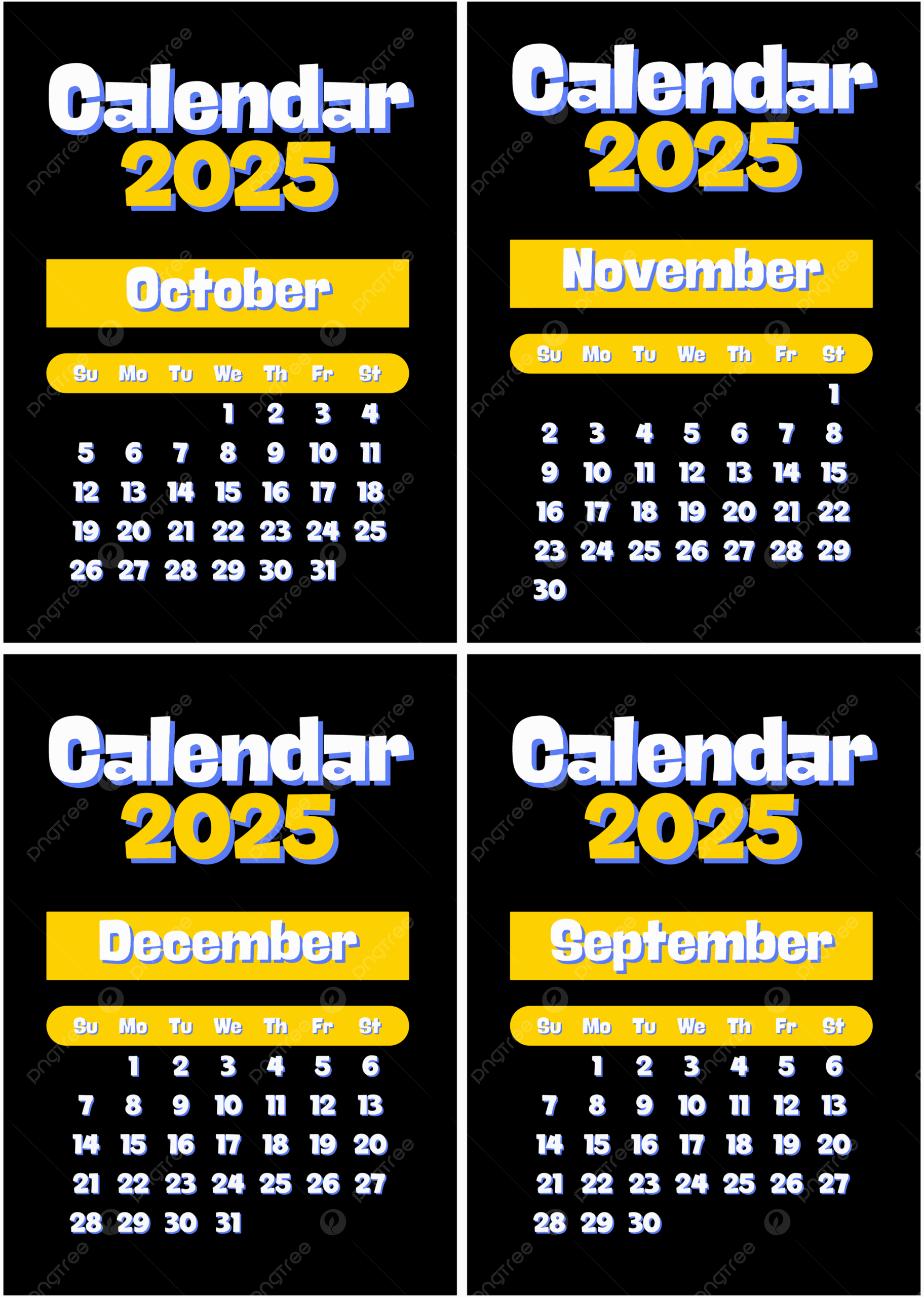 September October November December Calendar 2025 Vector Template Download On Pngtree