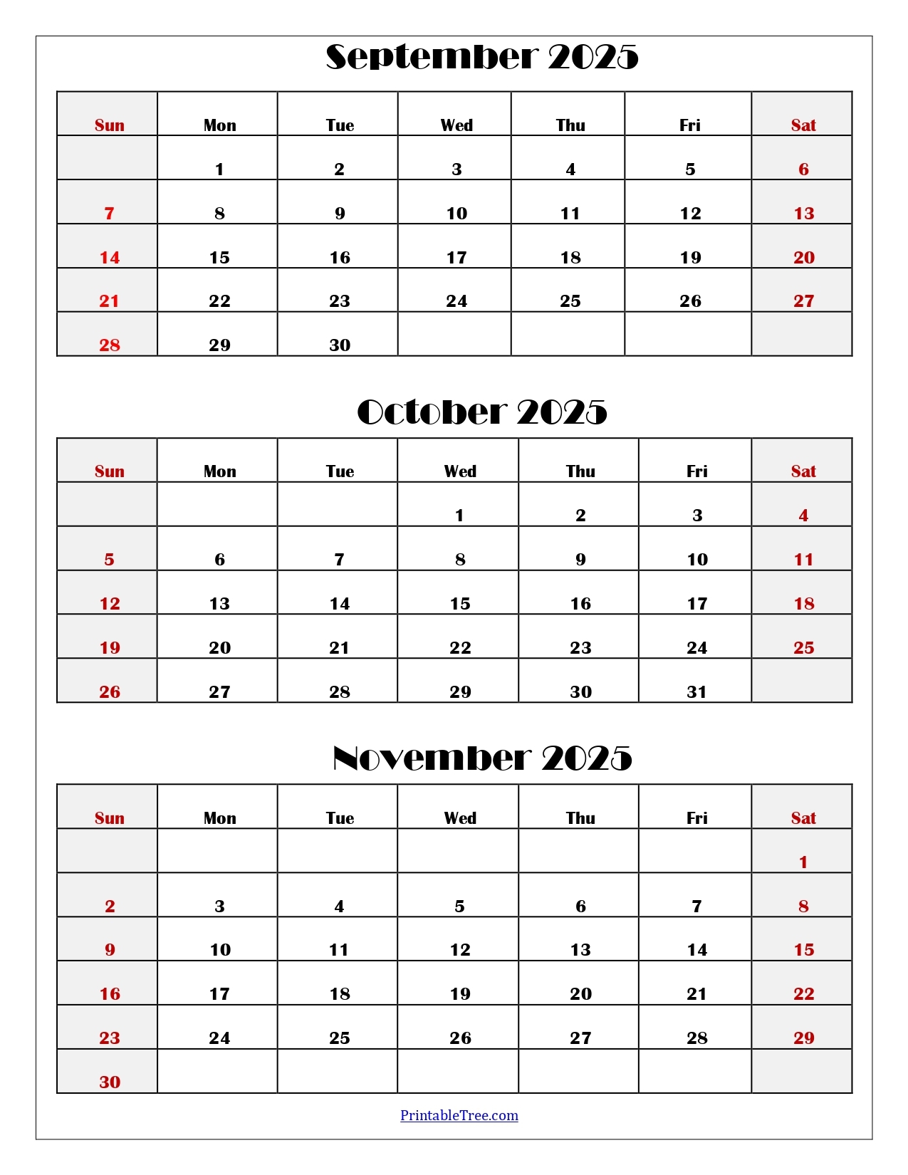 September To November 2025 Calendar Printable PDF Three Months 