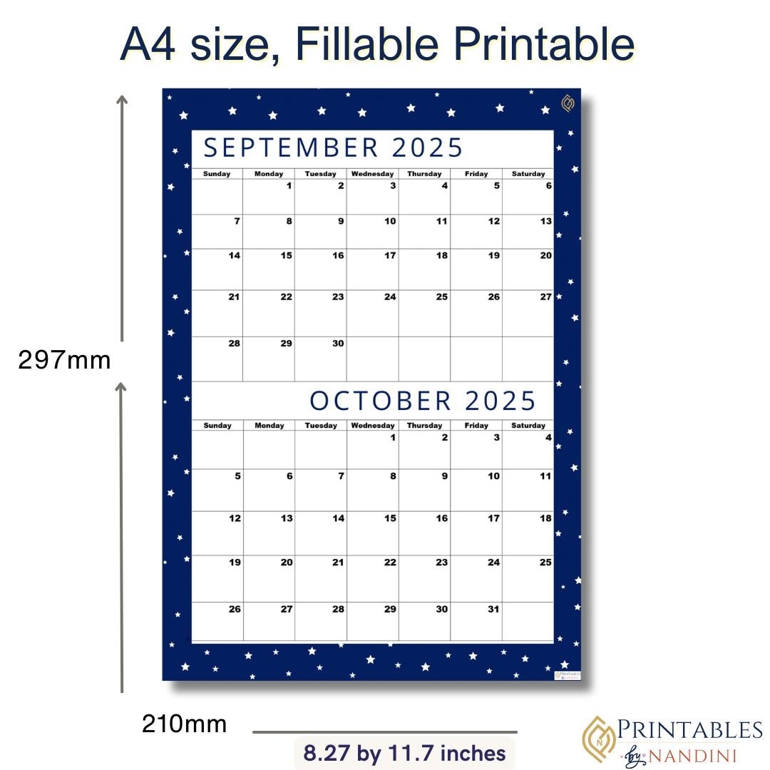 September U0026 October 2025 Bi monthly Printable Calendar Cool Navy A4 PDF Download Organized Monthly Planner Etsy