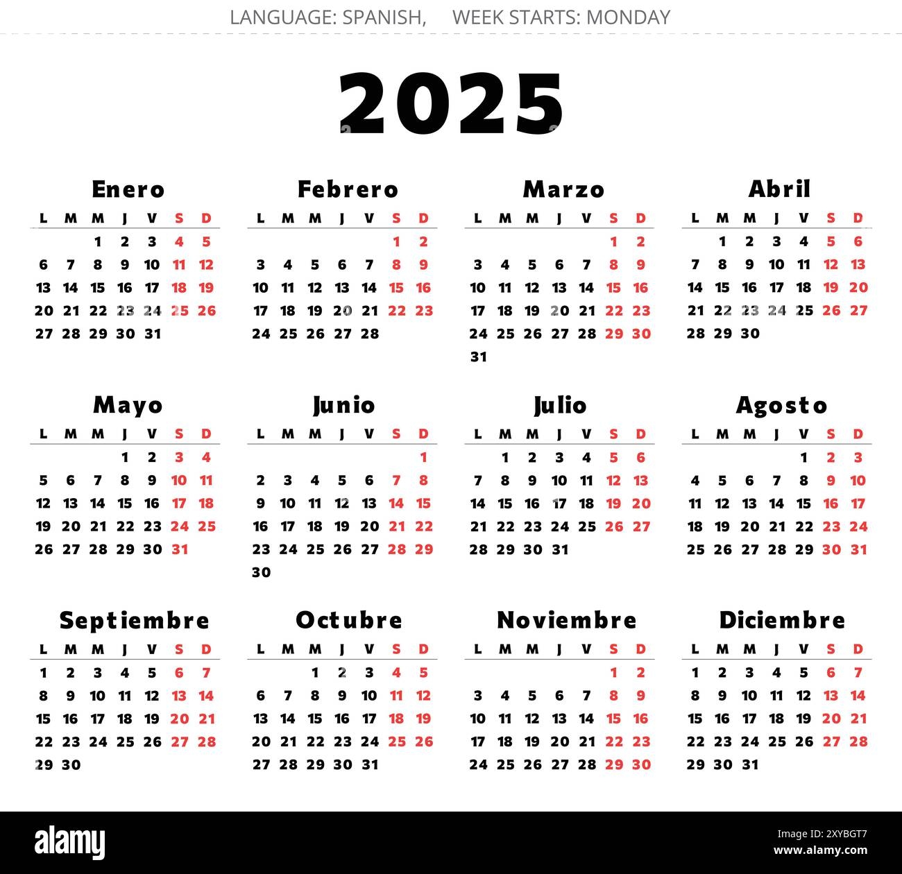 Spanish 2025 Year Calendar Printable Vector Illustration For Spain Stock Vector Image U0026 Art Alamy
