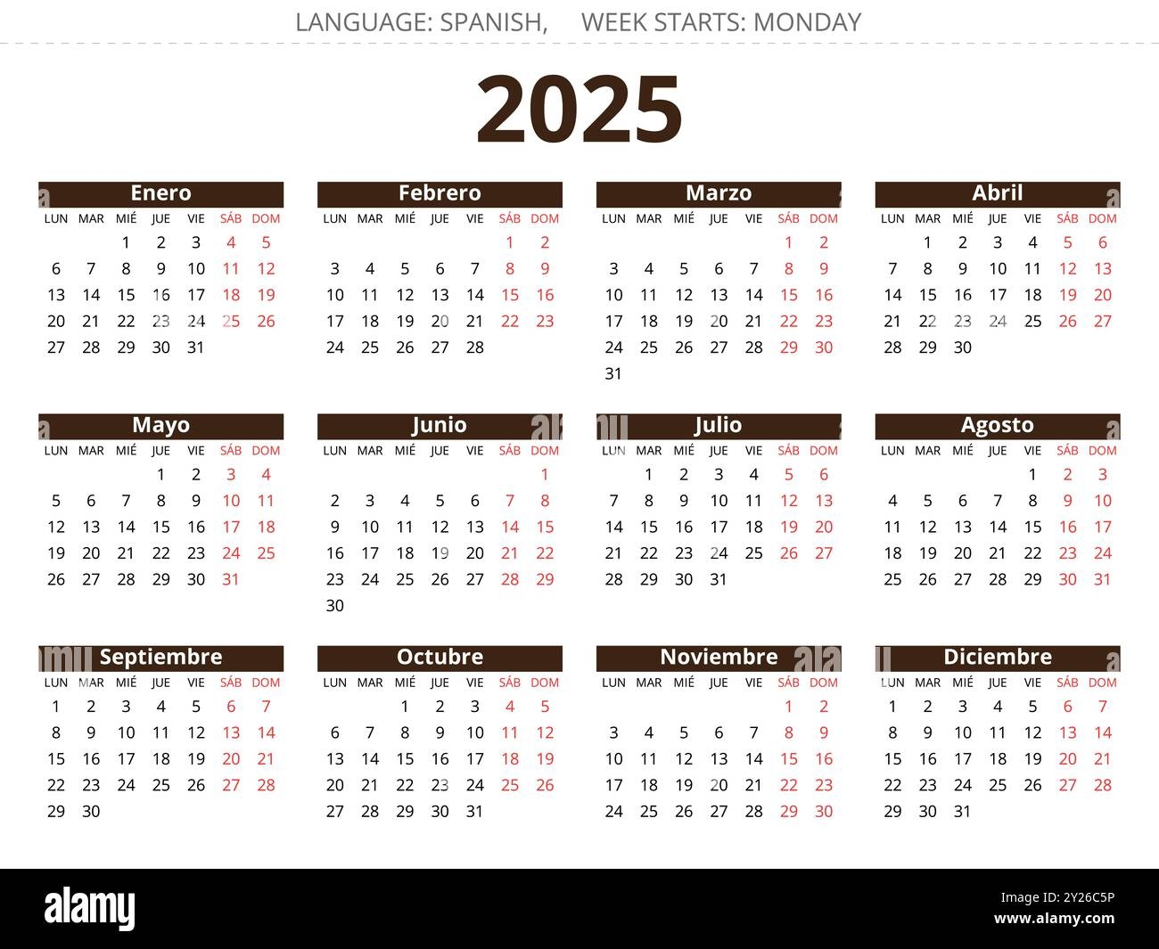 Spanish 2025 Year Calendar Vector Illustration For Spain Stock Vector Image U0026 Art Alamy