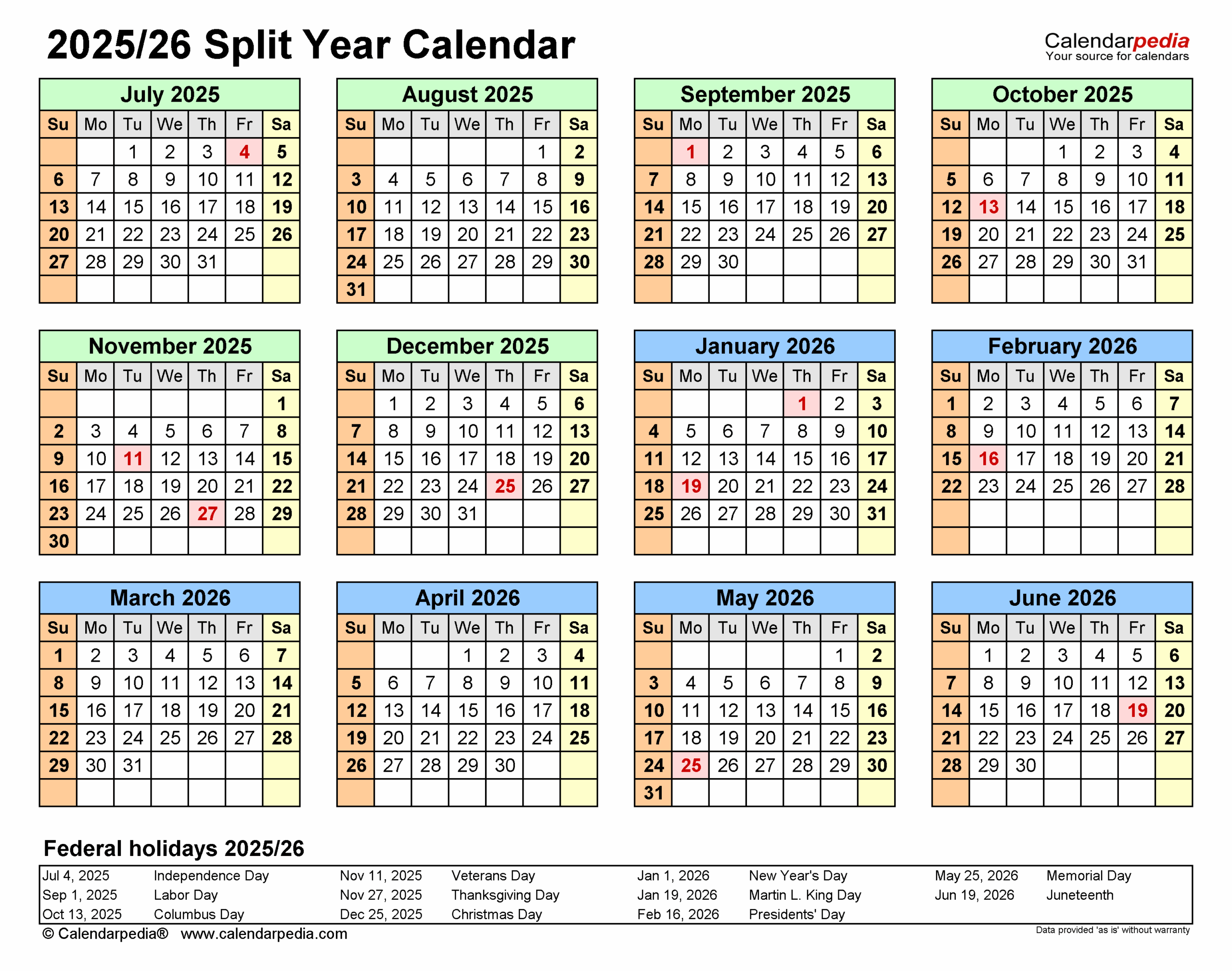 October 2025 To September 2026 Calendar
