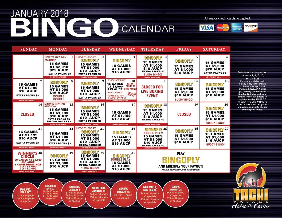 Tachi Palace Bingo Calendar