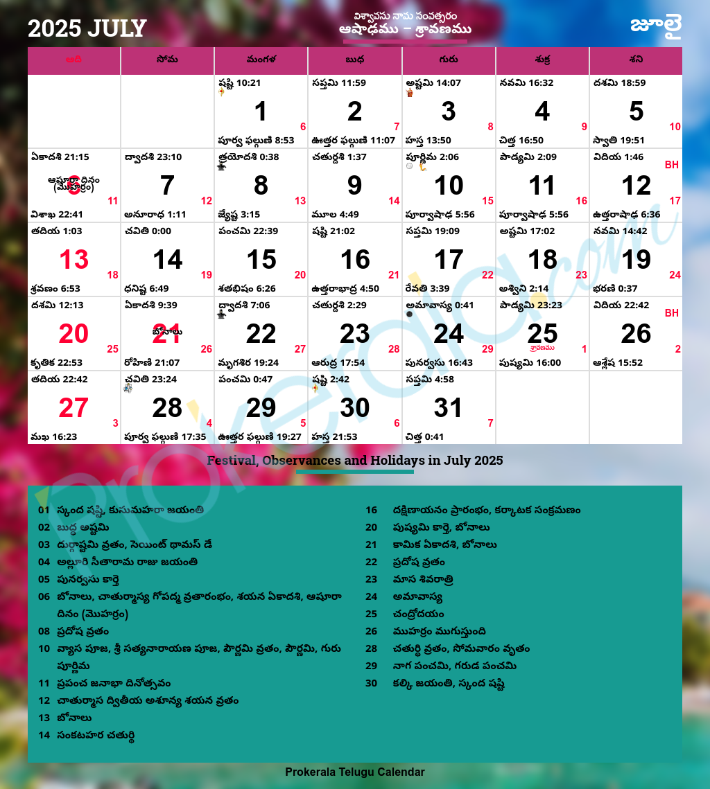 Tithi Calendar July 2025