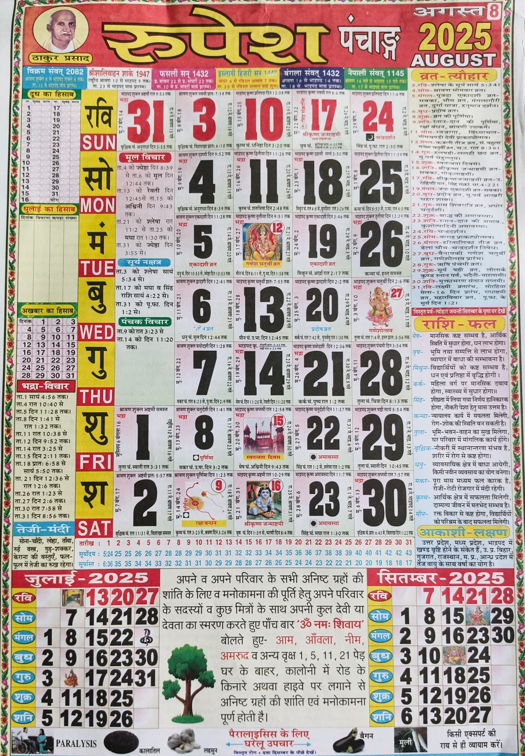 Thakur Prasad Calendar 2025 August 2025 