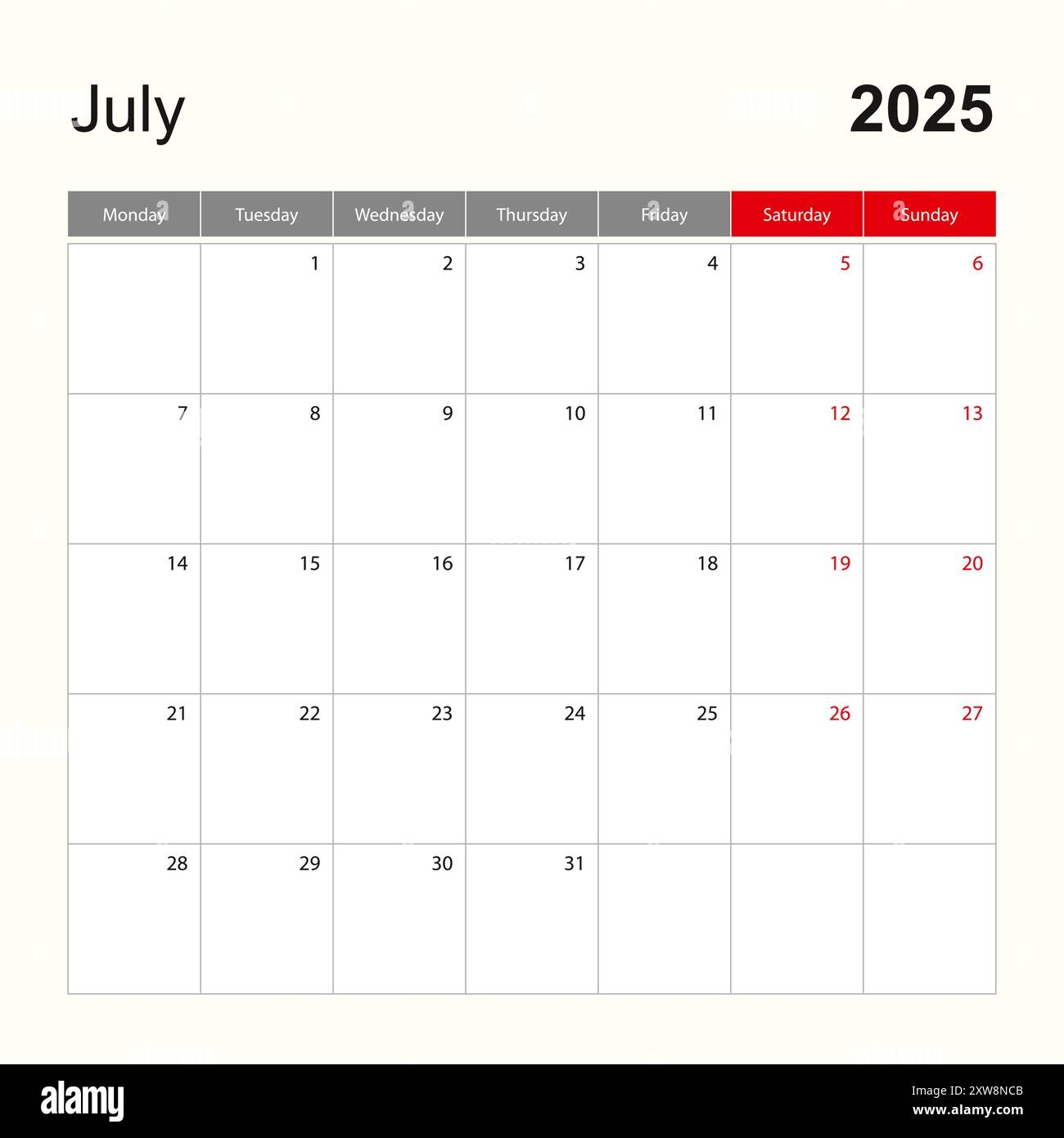 Wall Calendar Template For July 2025 Holiday And Event Planner Week Starts On Monday Vector Template Stock Vector Image U0026 Art Alamy