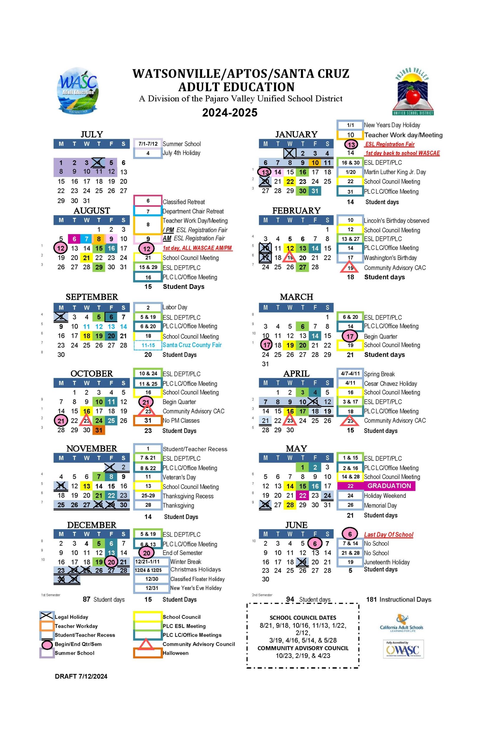 WASC Adult Education Calendar
