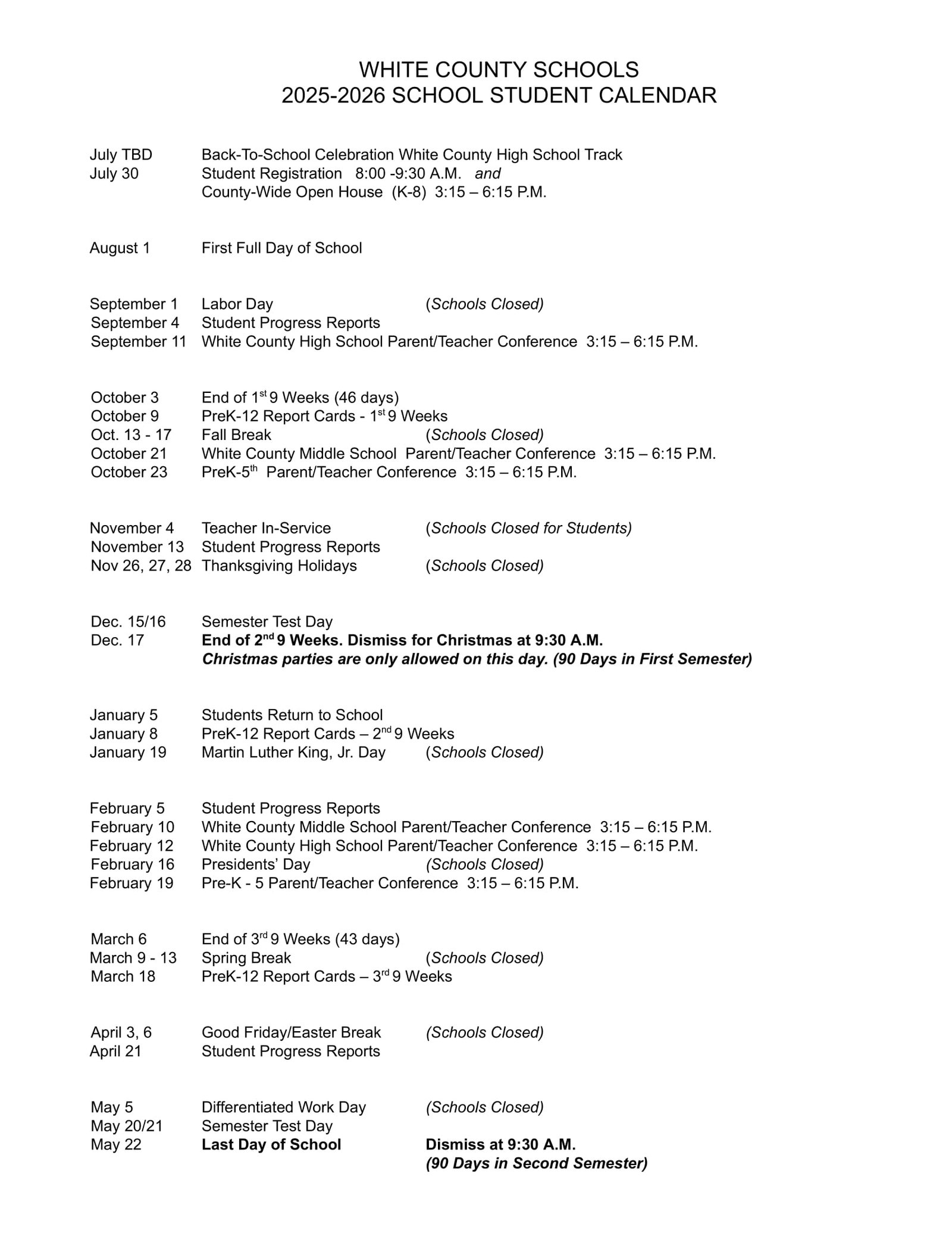 White County Schools TN Calendar 25 26 Revised PDF EduCounty White County Schools TN Calendar 25 26 Revised PDF EduCounty