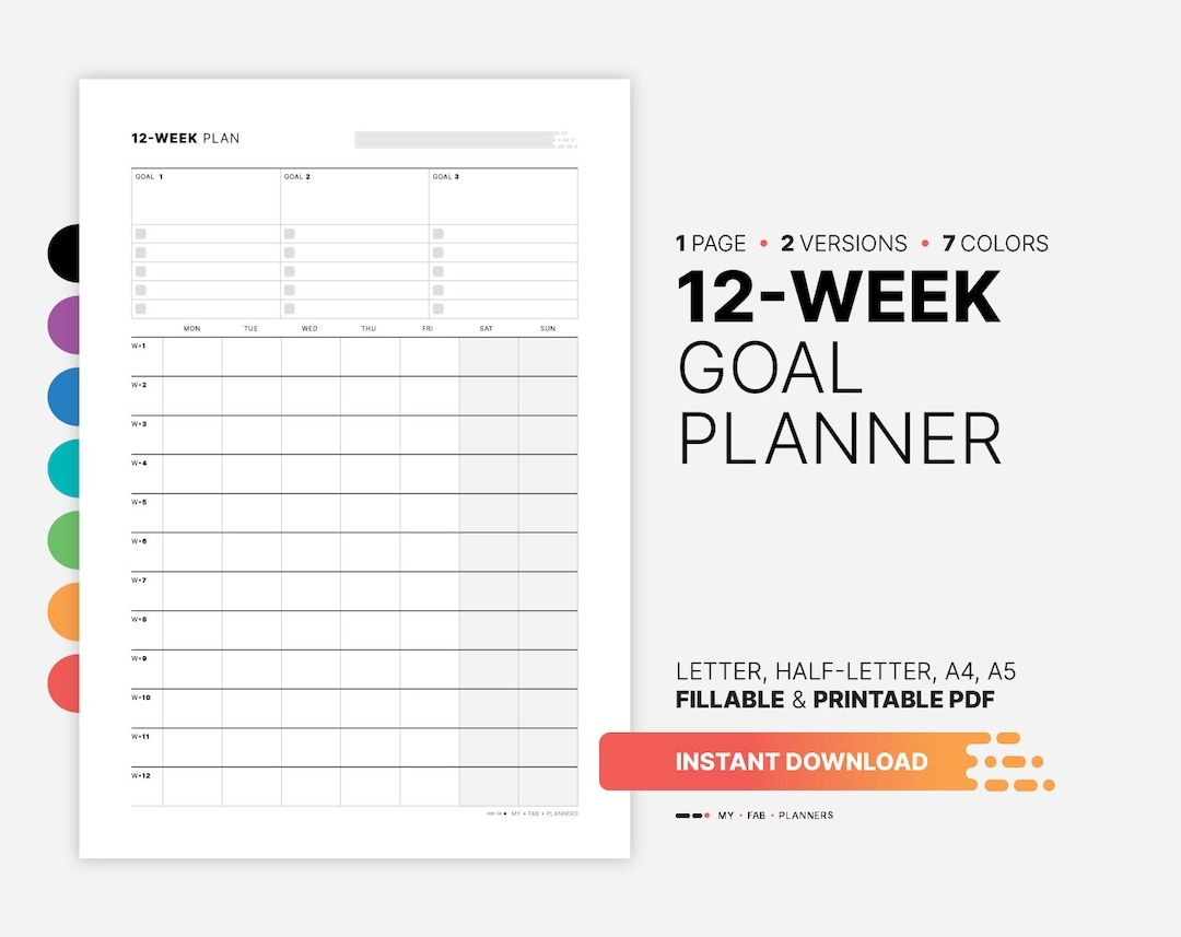 12 week Goal Planner Fillable Work Productivity Tracker Calendar Organization Dashboard Printable Half Letter A4 A5 PDF Template Etsy
