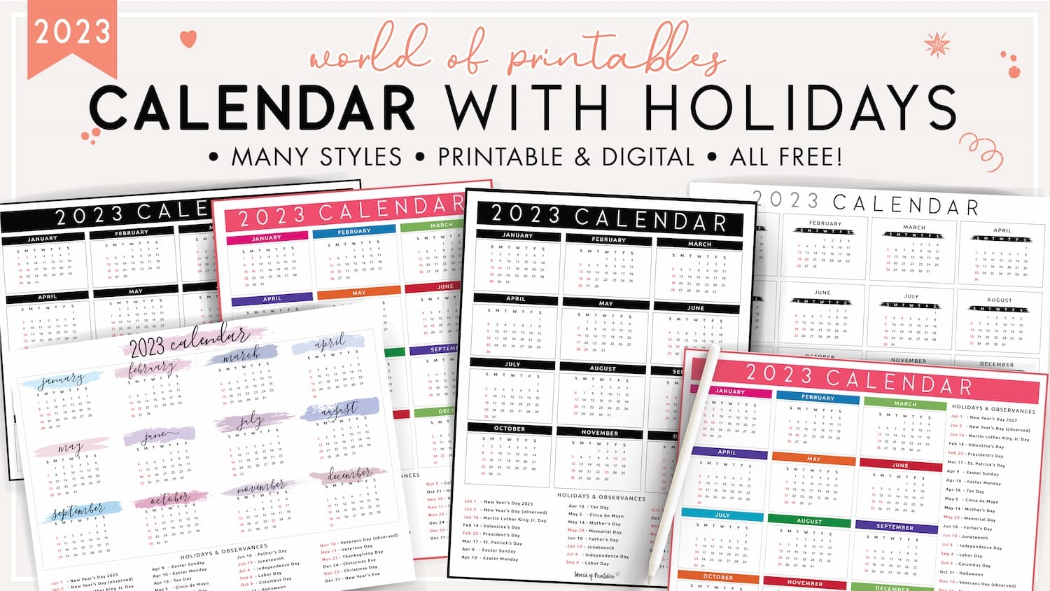 2025 Calendar With Holidays Free Printables In 28 Unique Styles World Of Printables