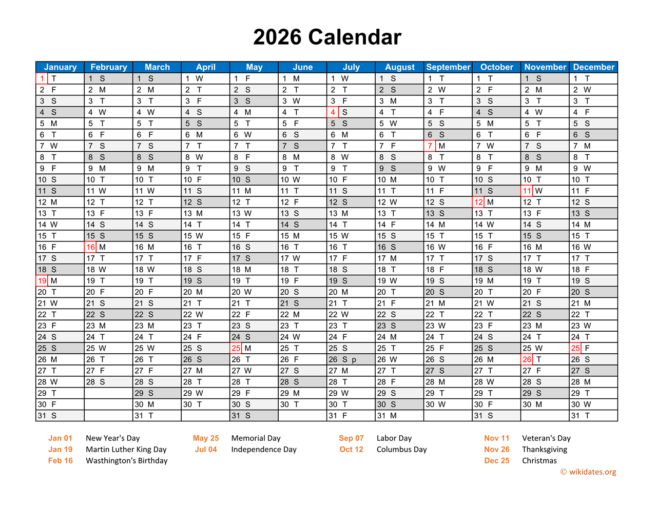 Horizontal 2026 Calendar Printable