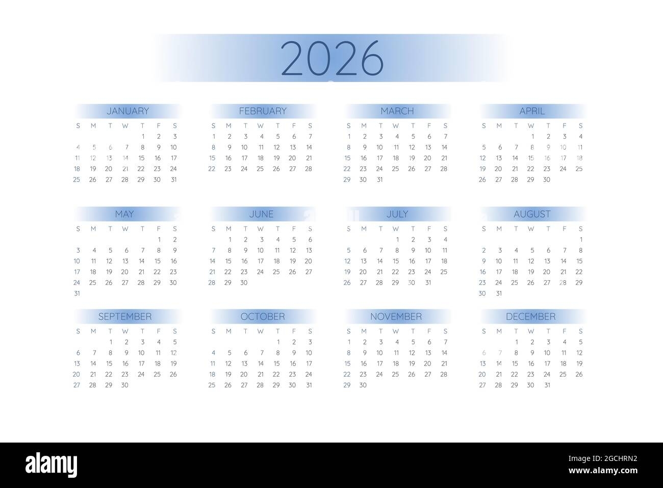 2026 Pocket Calendar Template In Strict Minimalistic Style With Blue Gradient Elements Horizontal Format Week Starts On Sunday Stock Vector Image Art Alamy