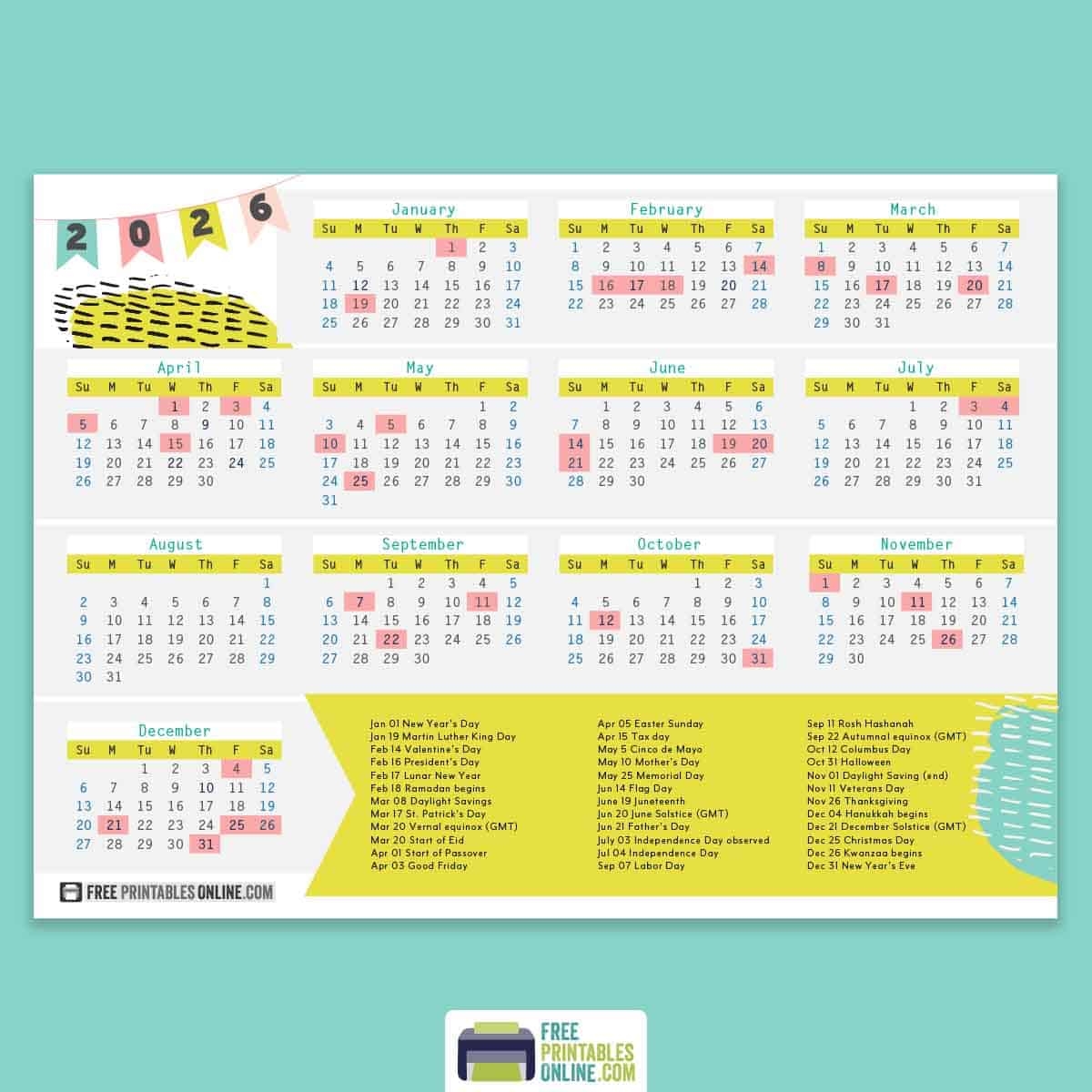 2026 Printable Calendar With Holidays Free Printables Online