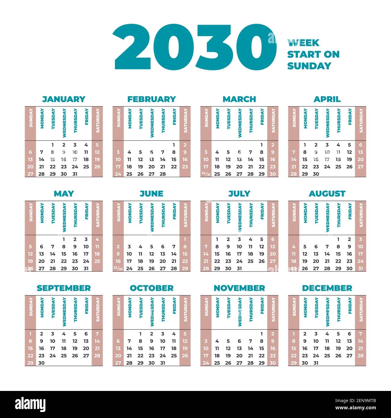 2030 Calendar Template With Weeks Start On Sunday Stock Vector Image Art Alamy