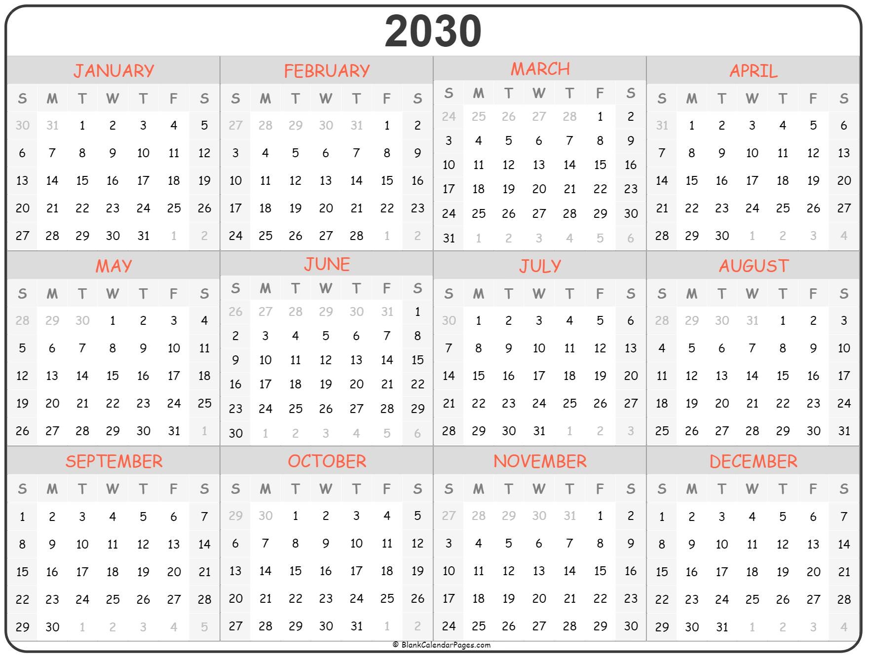 2030 Year Calendar Yearly Printable