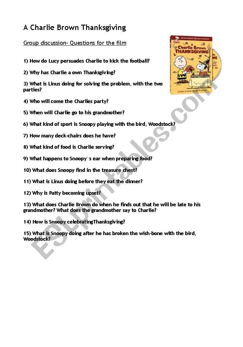 A Charlie Brown Thanksgiving Questions ESL Worksheet By