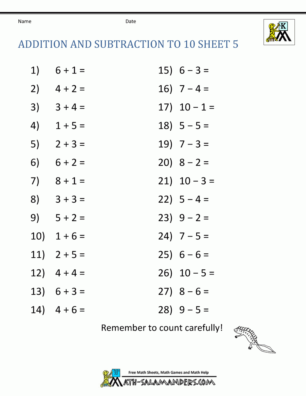 Free Printable Kindergarten Math Worksheets Addition