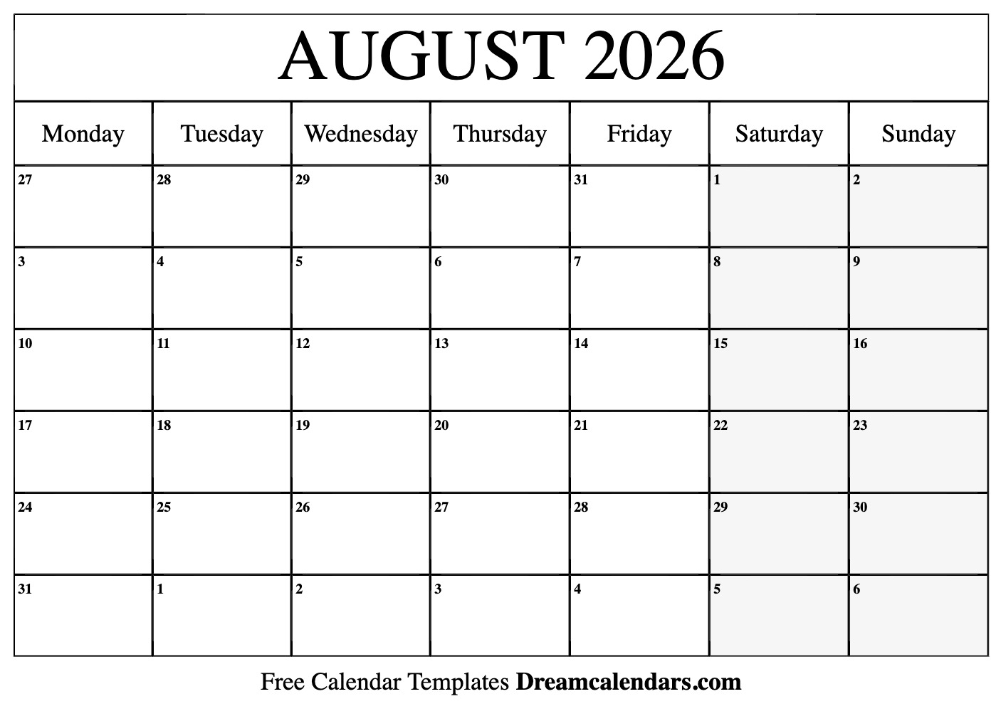 Blank August 2026 Calendar Printable