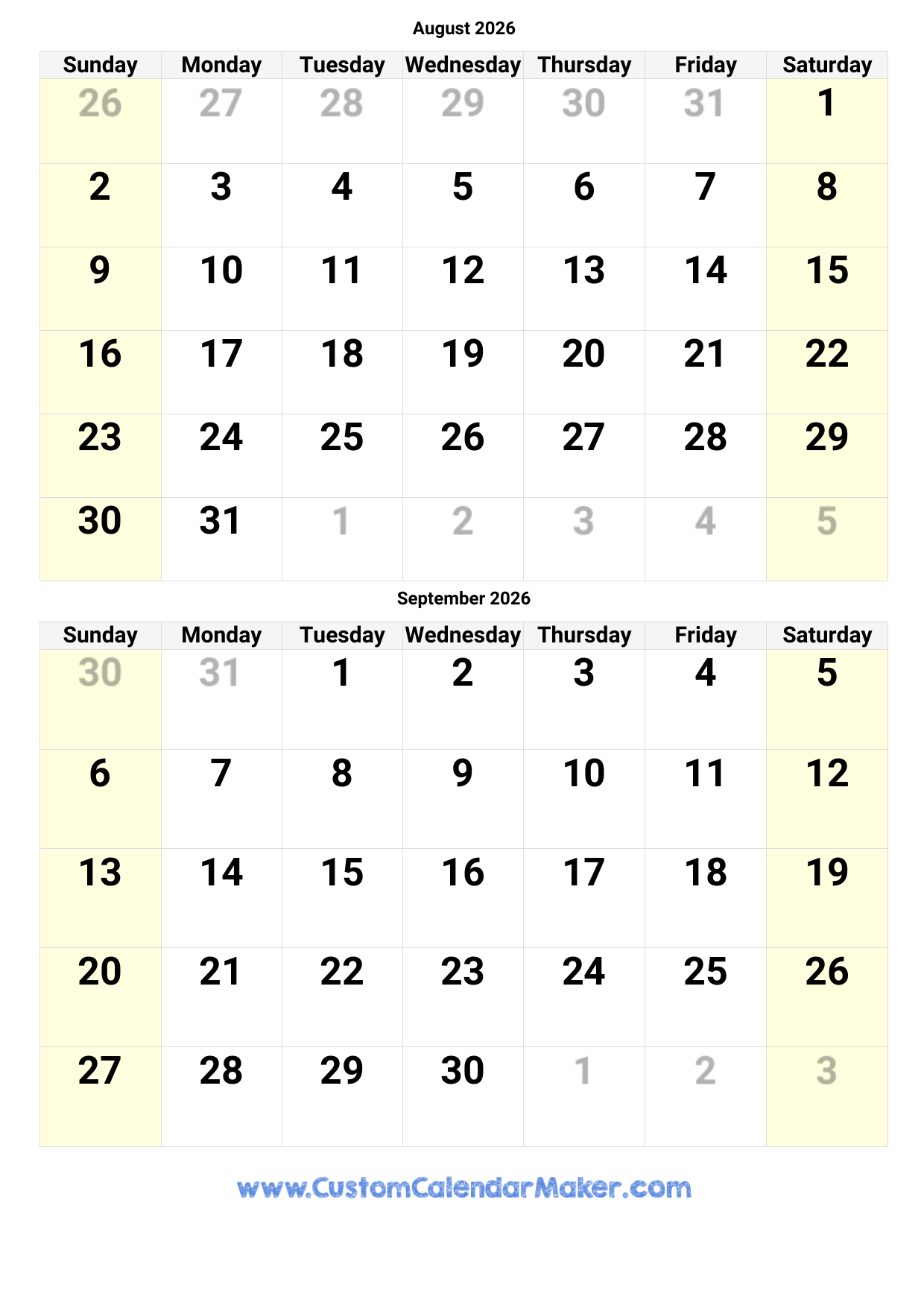August And September 2026 Calendar Custom Calendar Maker August And September 2026 Calendar Custom Calendar Maker