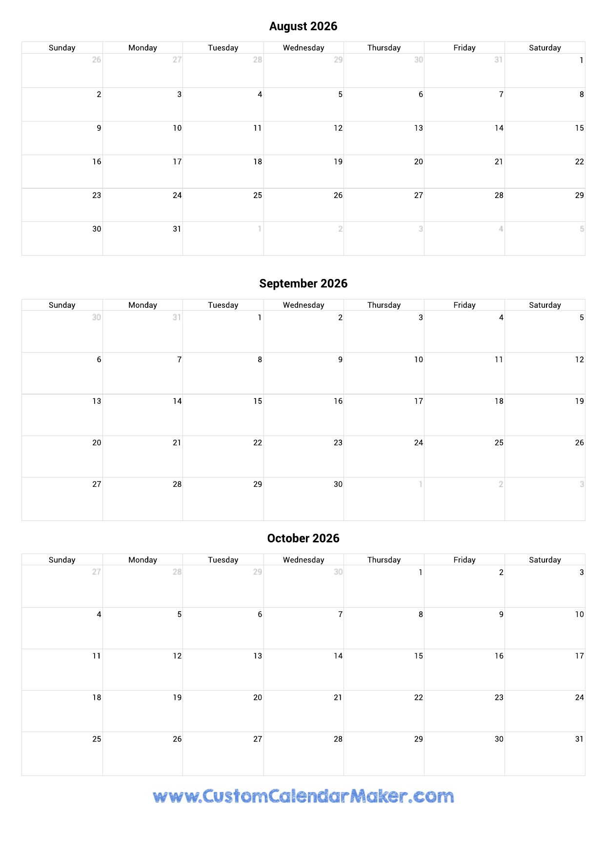 August To October 2026 Calendar Printable Custom Calendar Maker