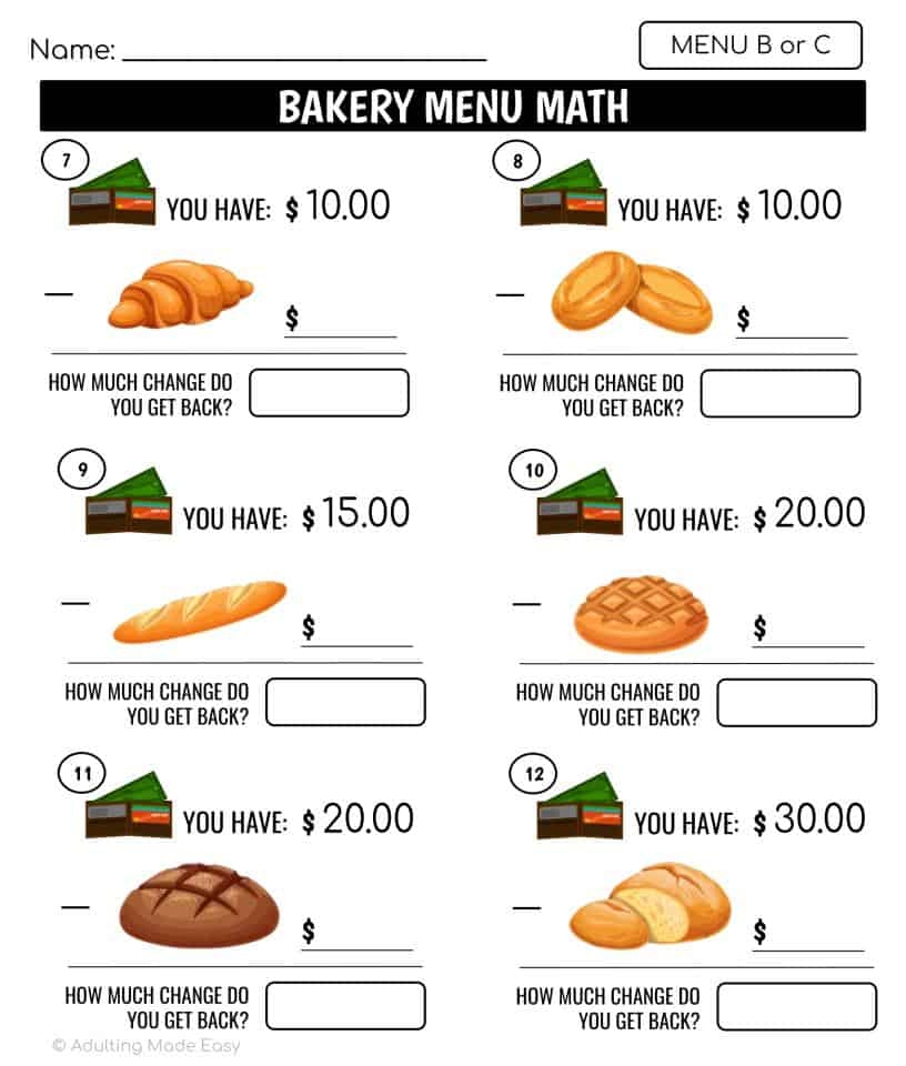 Bakery Menu Math Making Change Subtraction Worksheets