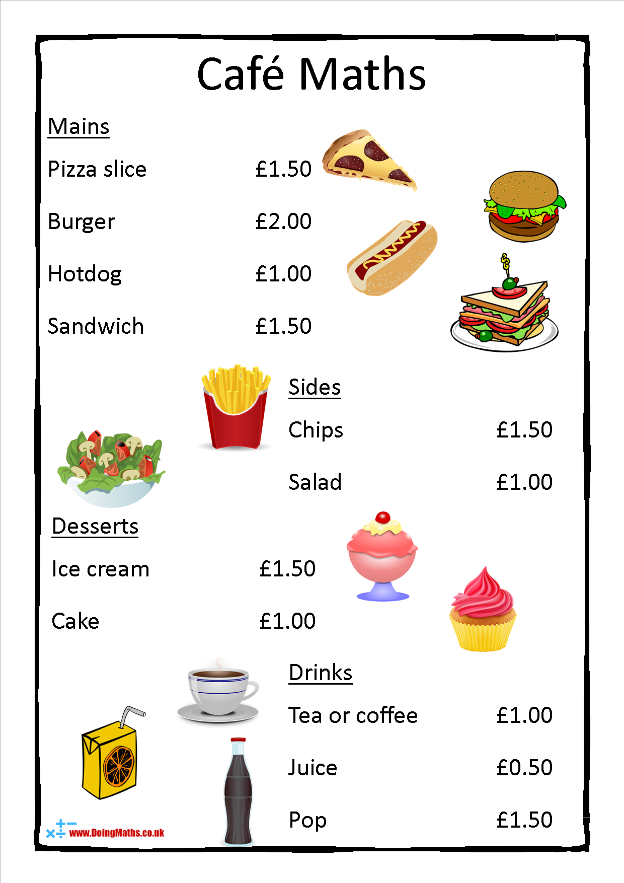 Cafe Menu Maths Primary Mathematics Money Arithmetic And Worksheets Library
