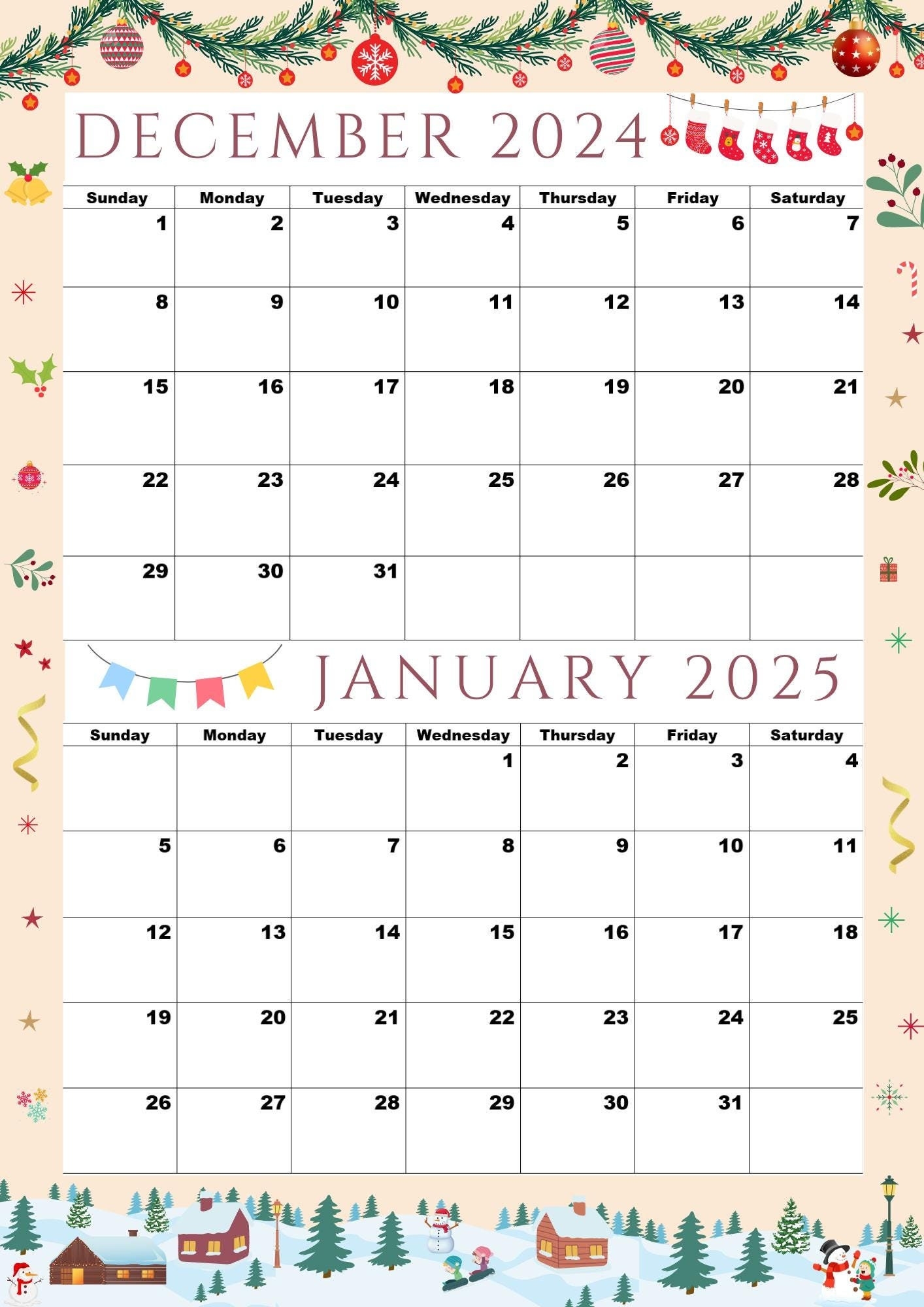 Calendar For December 2024 calendar For January 2025 colorful a4 Size pdf digital instant Download 2 Month One Page Calendar Etsy Hong Kong