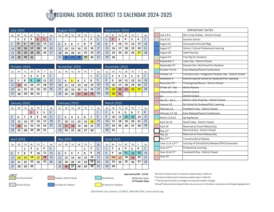Coginchaug Regional High School 2024 2025 RSD 13 Calendar
