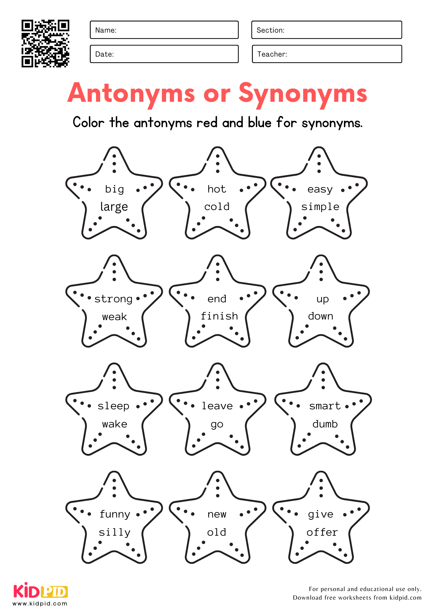 Color The Antonyms Synonyms Worksheet For Kindergarten Kidpid