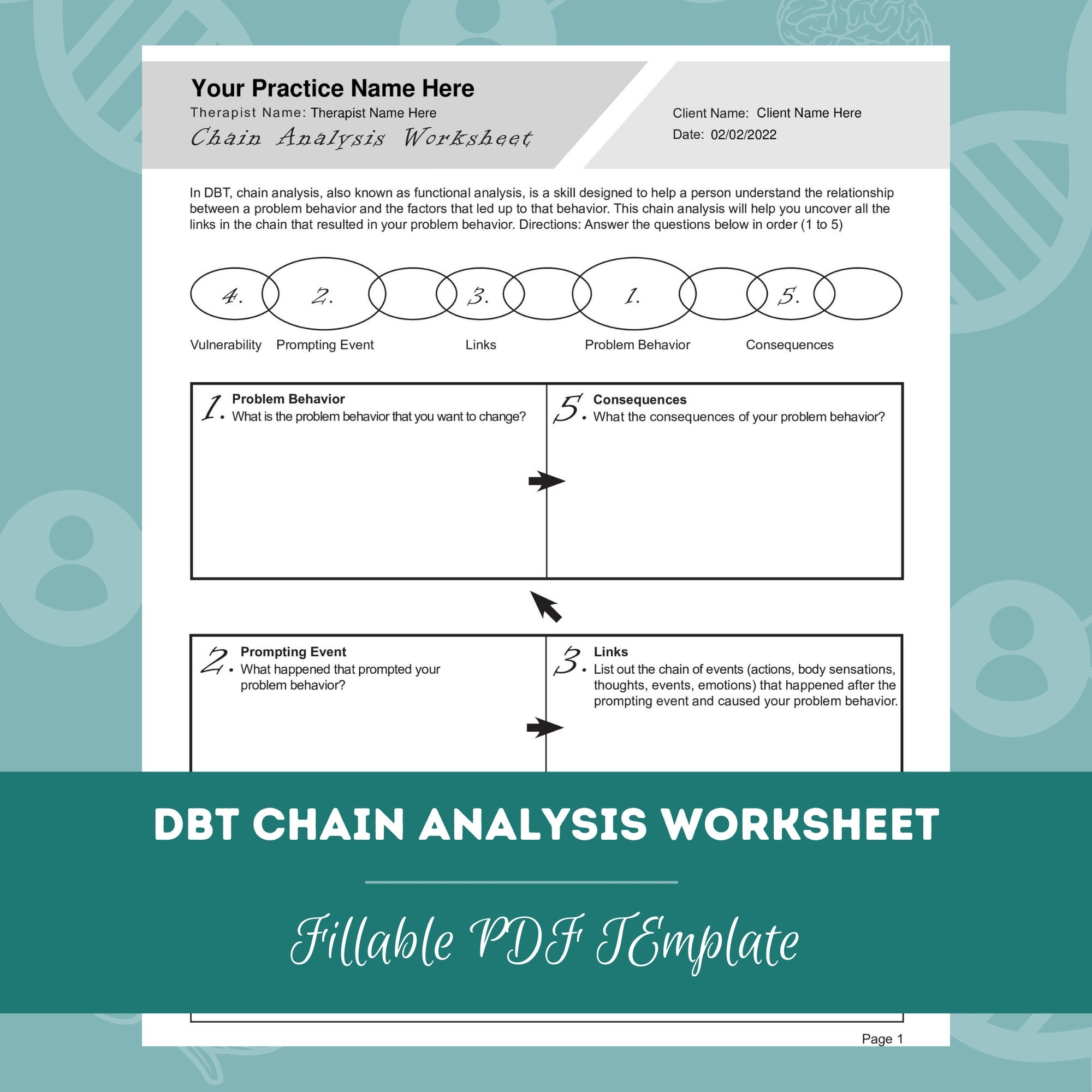 DBT Chain Analysis Worksheet Editable Fillable PDF Template For Counselors Psychologists Social Workers Therapists Etsy