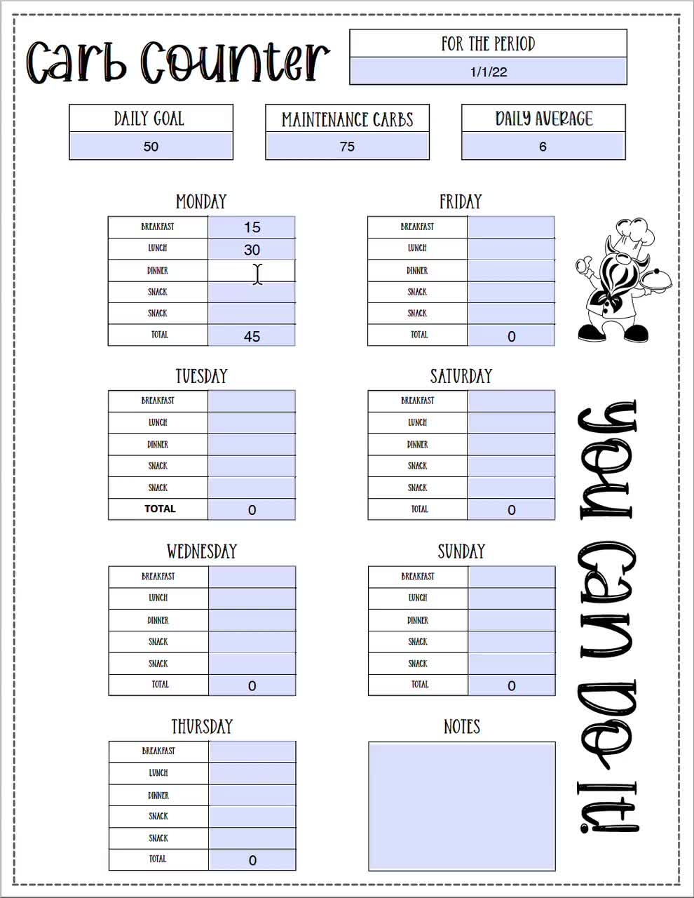 Free Printable Carb Chart