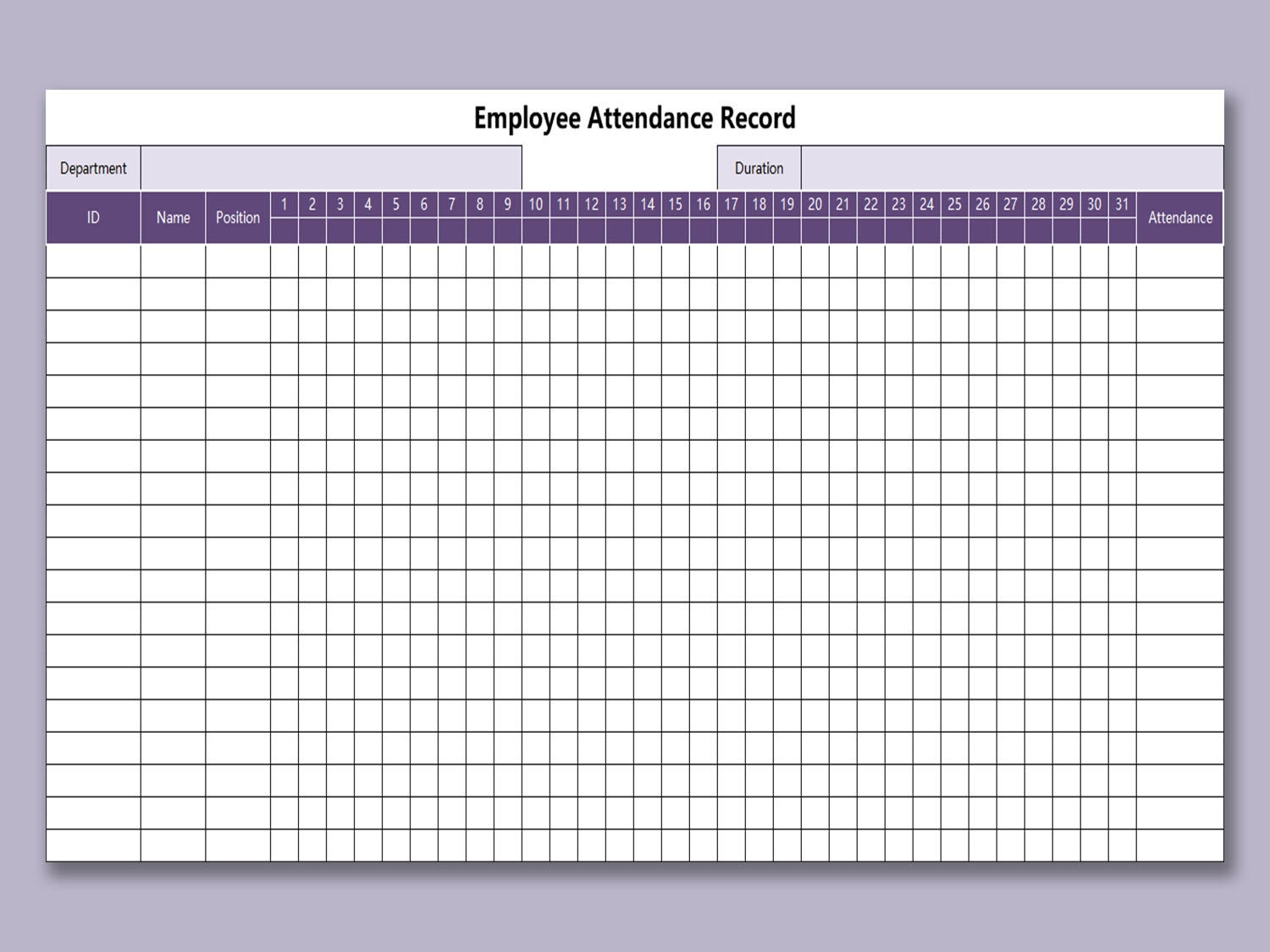 Printable Employee Attendance Sheet