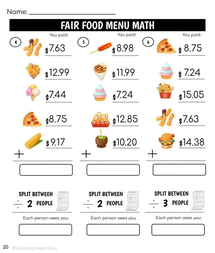 Fair Food Menu Math Addition Division Worksheets