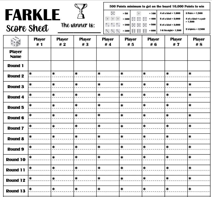 Large Printable Farkle Score Sheet
