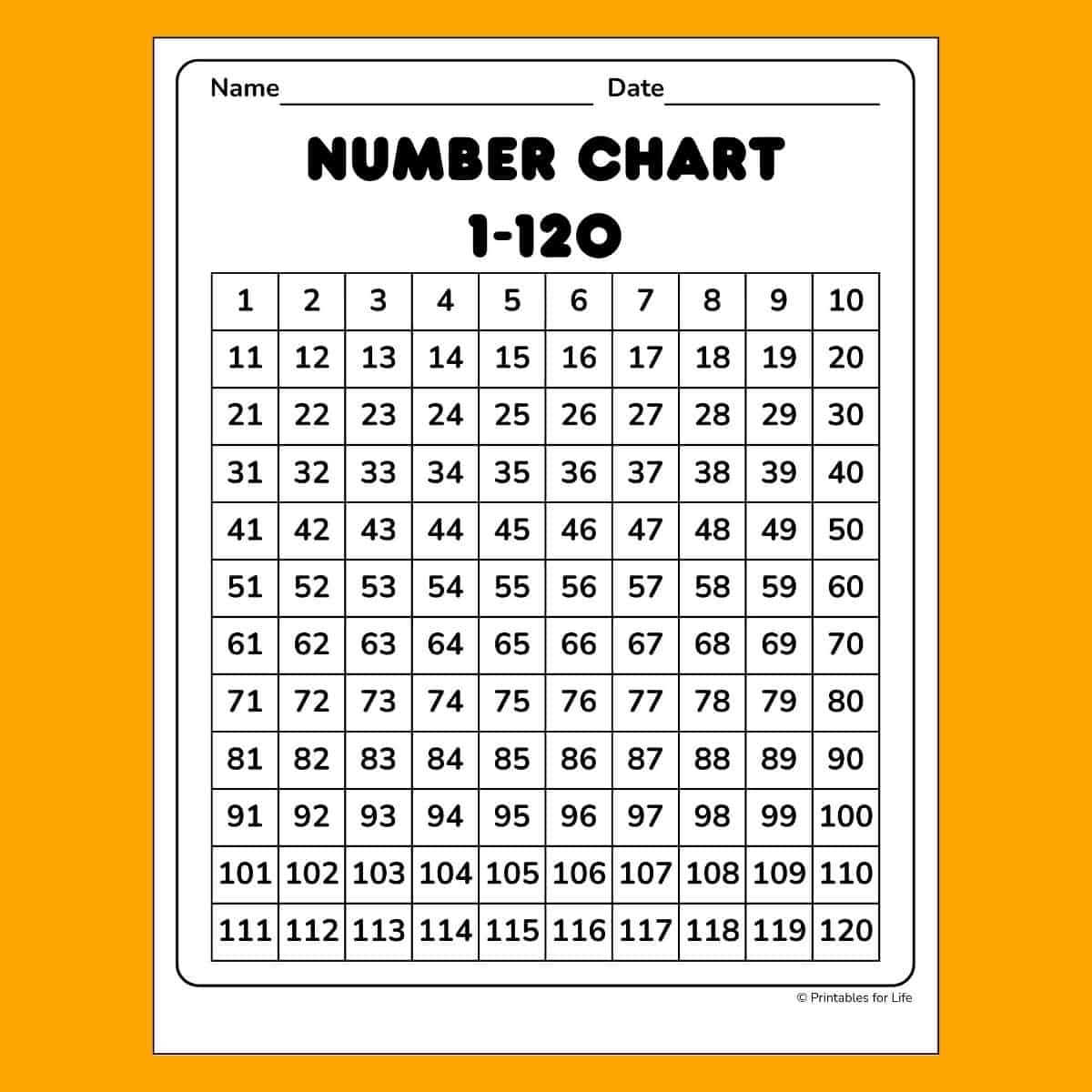 Number Chart 1-120 Printable
