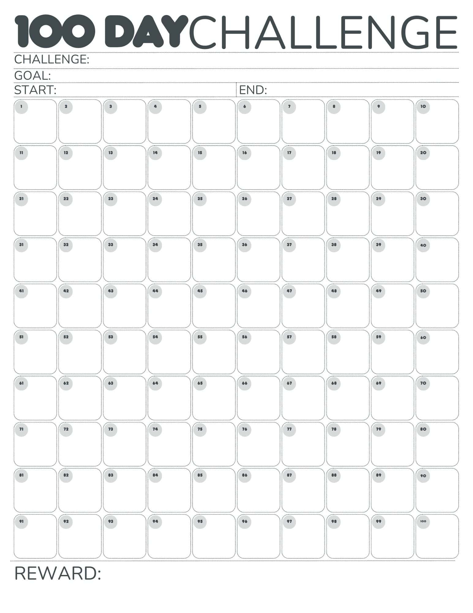 100 Days Challenge Chart Printable